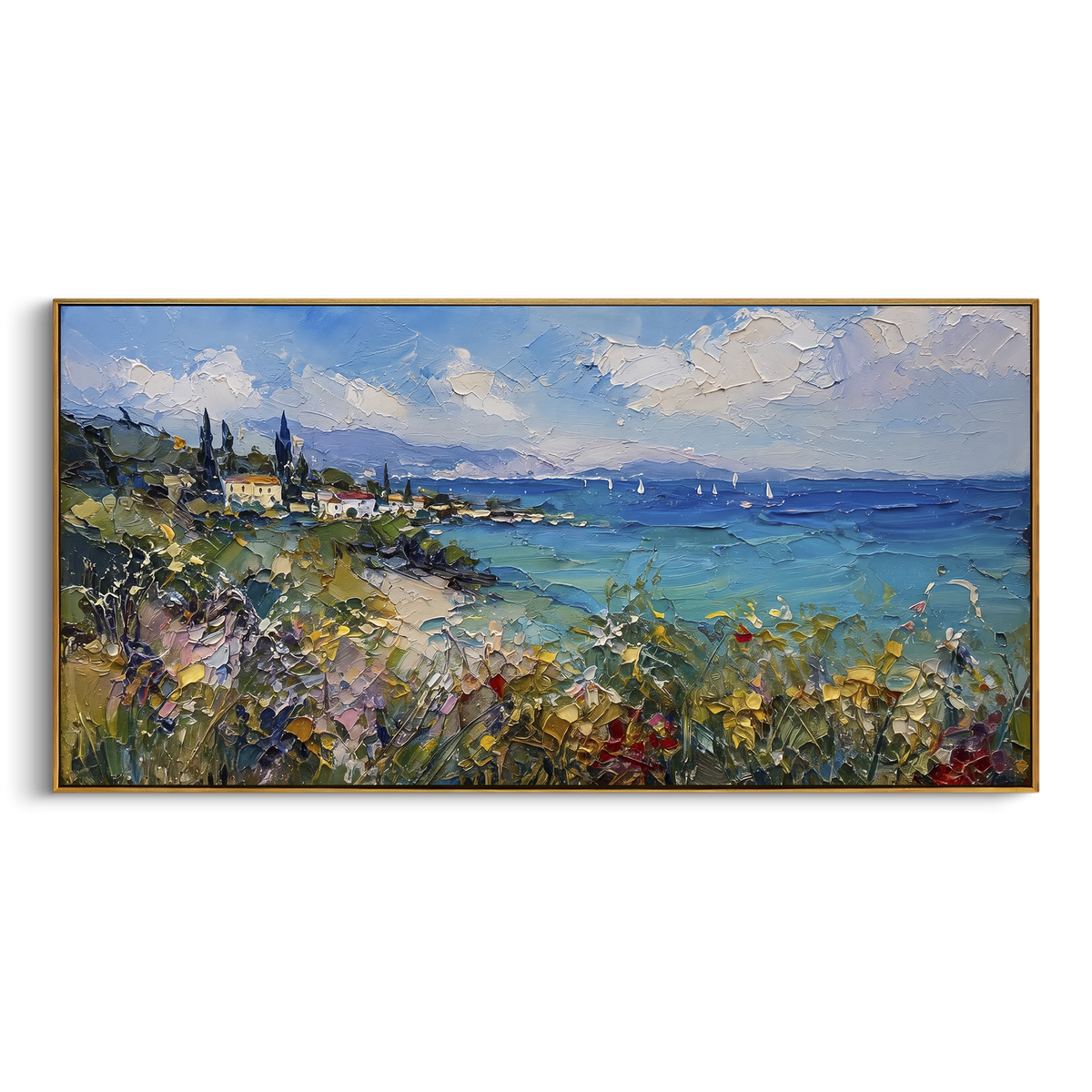 "Fishing Boats Reflections Painting" - Modern Heavy Impasto Coastal Landscape | Blue & Orange Palette Knife Painting | Luxury Horizontal Wall Art #PT 1589