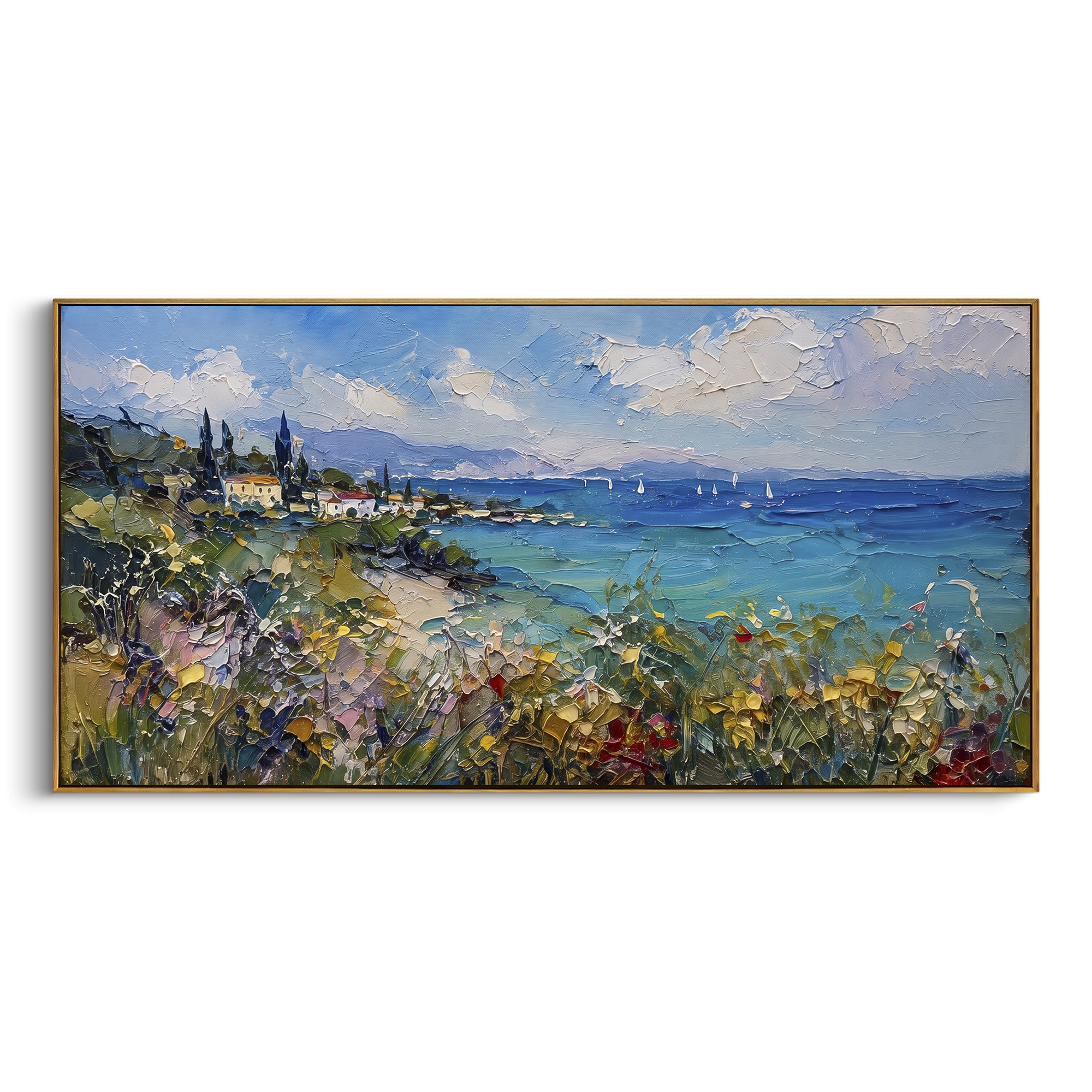 "Fishing Boats Reflections Painting" focuses on atmosphere, surface movement, and sculptural heavy impasto craftsmanship rather than a fixed literal storyline. The composition uses this hand-painted Mediterranean canvas features colorful waterfront houses, moored boats, shimmering blue harbor reflections, pastel sky, built with raised palette-knife texture, layered brushwork, and luminous coastal color as the visual anchor, while layered palette-knife paint, raised plaster-like texture, and