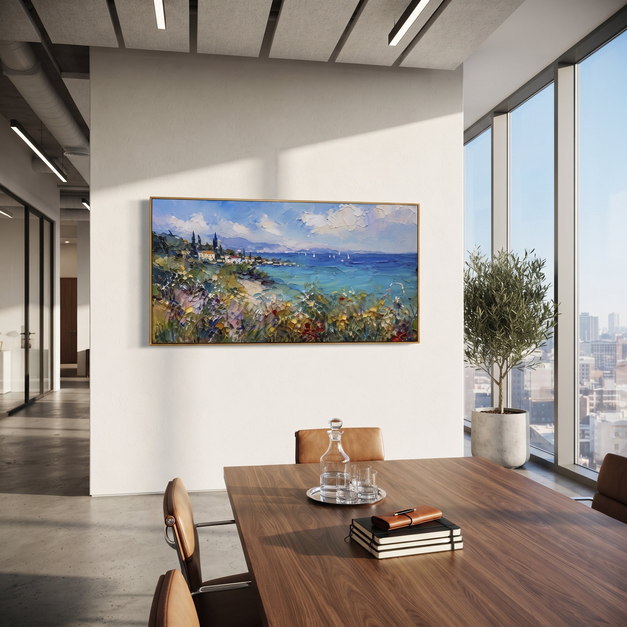 "Fishing Boats Reflections Painting" focuses on atmosphere, surface movement, and sculptural heavy impasto craftsmanship rather than a fixed literal storyline. The composition uses this hand-painted Mediterranean canvas features colorful waterfront houses, moored boats, shimmering blue harbor reflections, pastel sky, built with raised palette-knife texture, layered brushwork, and luminous coastal color as the visual anchor, while layered palette-knife paint, raised plaster-like texture, and