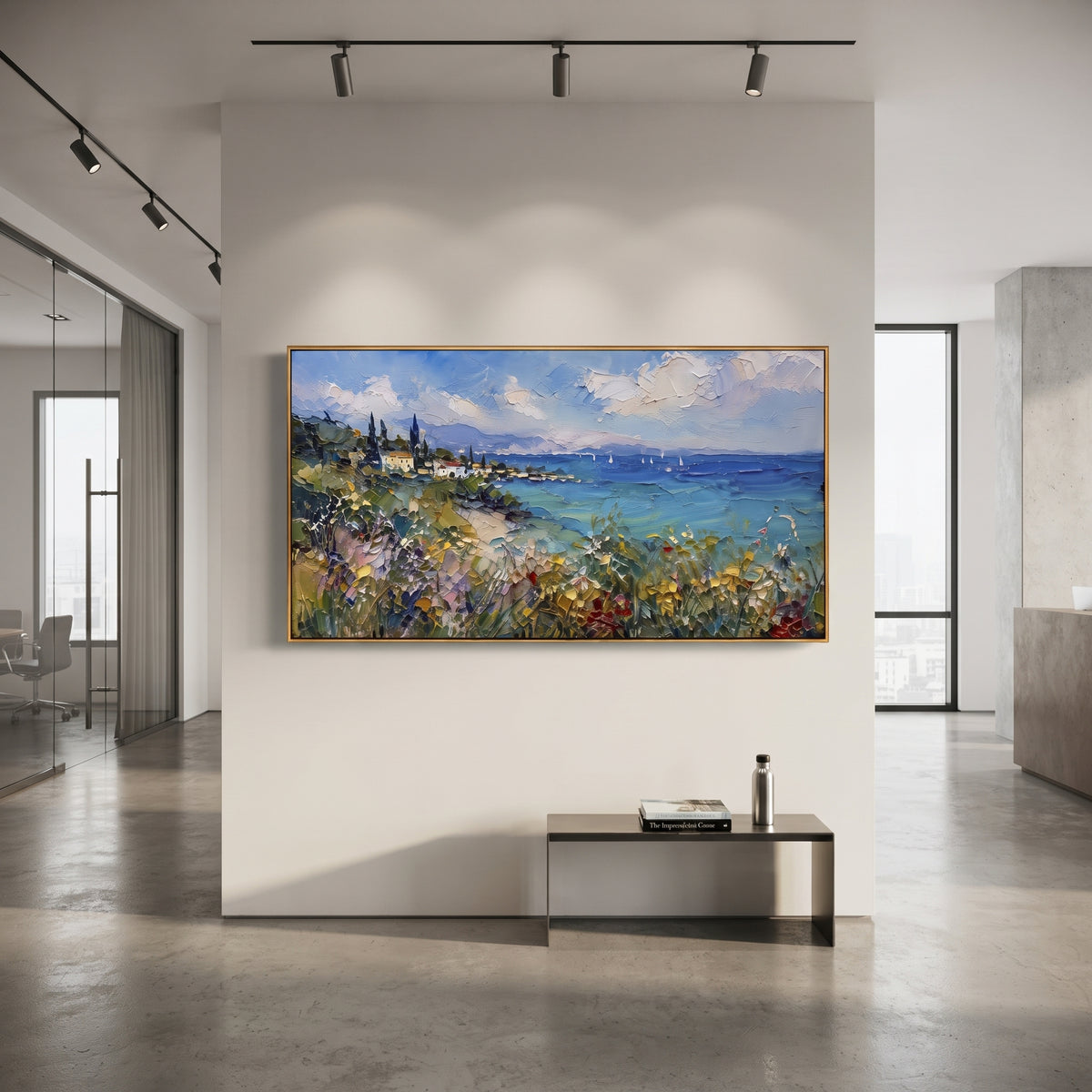 "Fishing Boats Reflections Painting" focuses on atmosphere, surface movement, and sculptural heavy impasto craftsmanship rather than a fixed literal storyline. The composition uses this hand-painted Mediterranean canvas features colorful waterfront houses, moored boats, shimmering blue harbor reflections, pastel sky, built with raised palette-knife texture, layered brushwork, and luminous coastal color as the visual anchor, while layered palette-knife paint, raised plaster-like texture, and