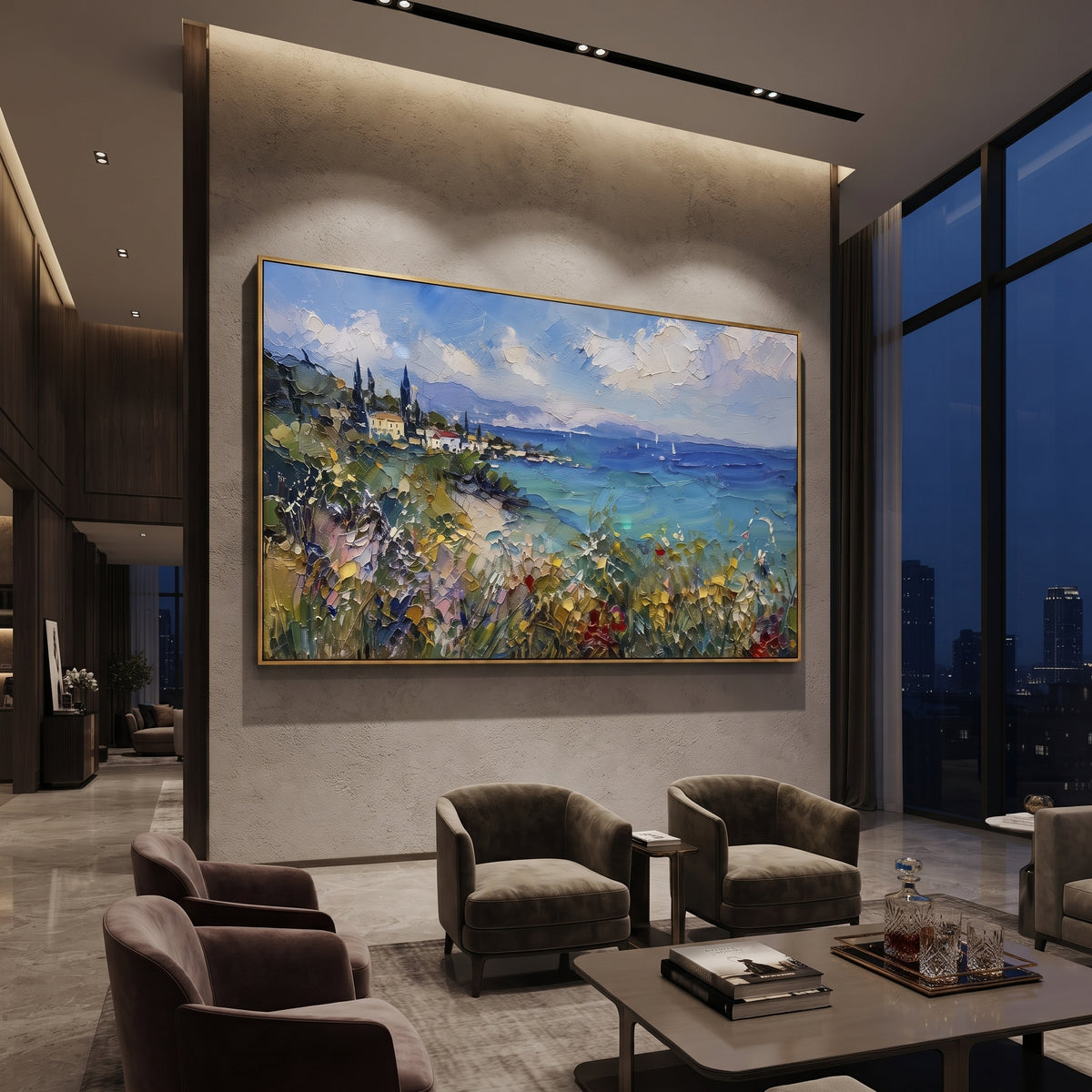 "Fishing Boats Reflections Painting" focuses on atmosphere, surface movement, and sculptural heavy impasto craftsmanship rather than a fixed literal storyline. The composition uses this hand-painted Mediterranean canvas features colorful waterfront houses, moored boats, shimmering blue harbor reflections, pastel sky, built with raised palette-knife texture, layered brushwork, and luminous coastal color as the visual anchor, while layered palette-knife paint, raised plaster-like texture, and
