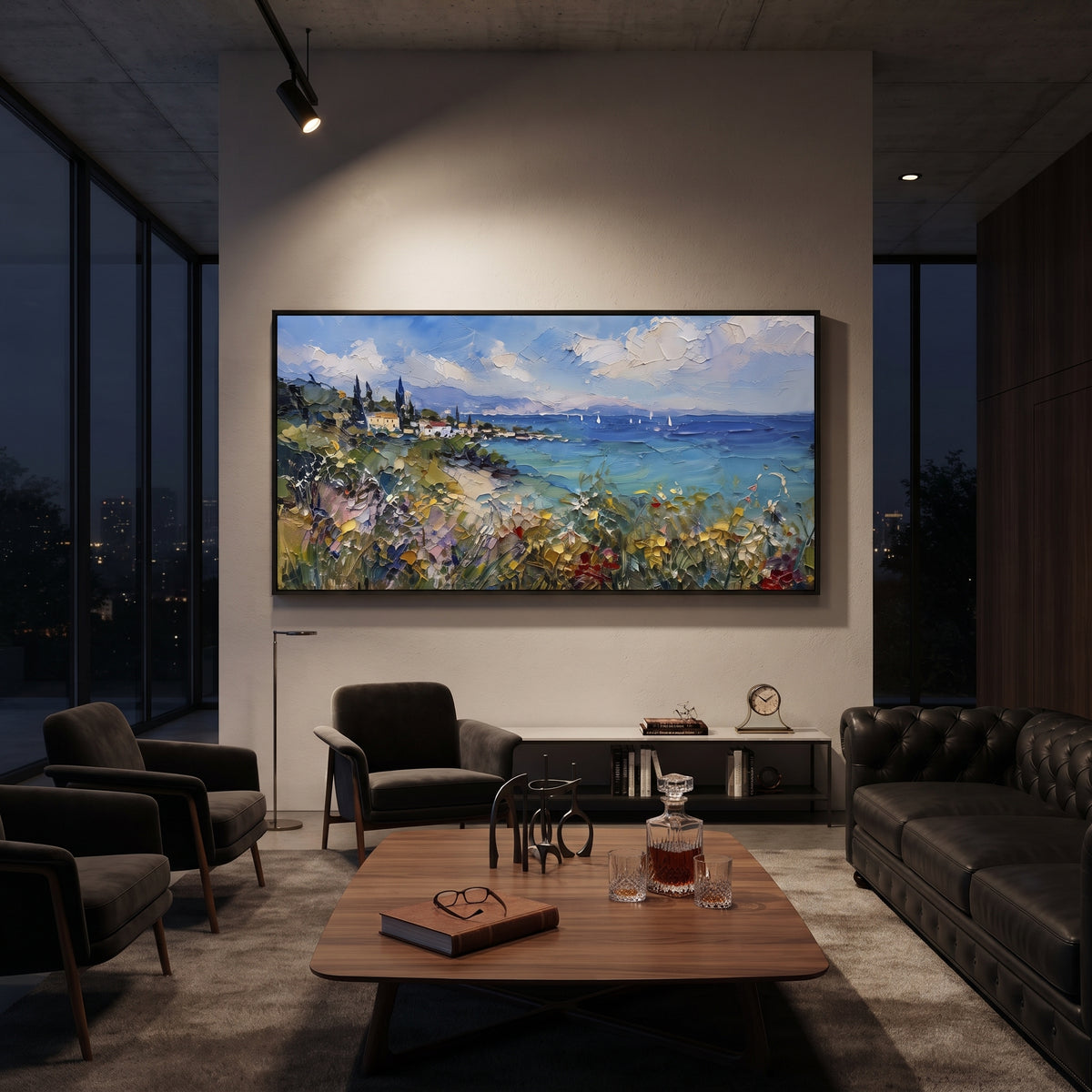 "Fishing Boats Reflections Painting" focuses on atmosphere, surface movement, and sculptural heavy impasto craftsmanship rather than a fixed literal storyline. The composition uses this hand-painted Mediterranean canvas features colorful waterfront houses, moored boats, shimmering blue harbor reflections, pastel sky, built with raised palette-knife texture, layered brushwork, and luminous coastal color as the visual anchor, while layered palette-knife paint, raised plaster-like texture, and