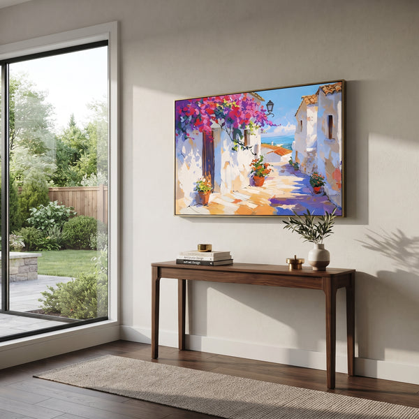 "Seaside Terrace Sailboats Painting" - Modern Heavy Impasto Coastal Landscape | Blue & Pink Palette Knife Painting | Luxury Horizontal Wall Art #PT 1590