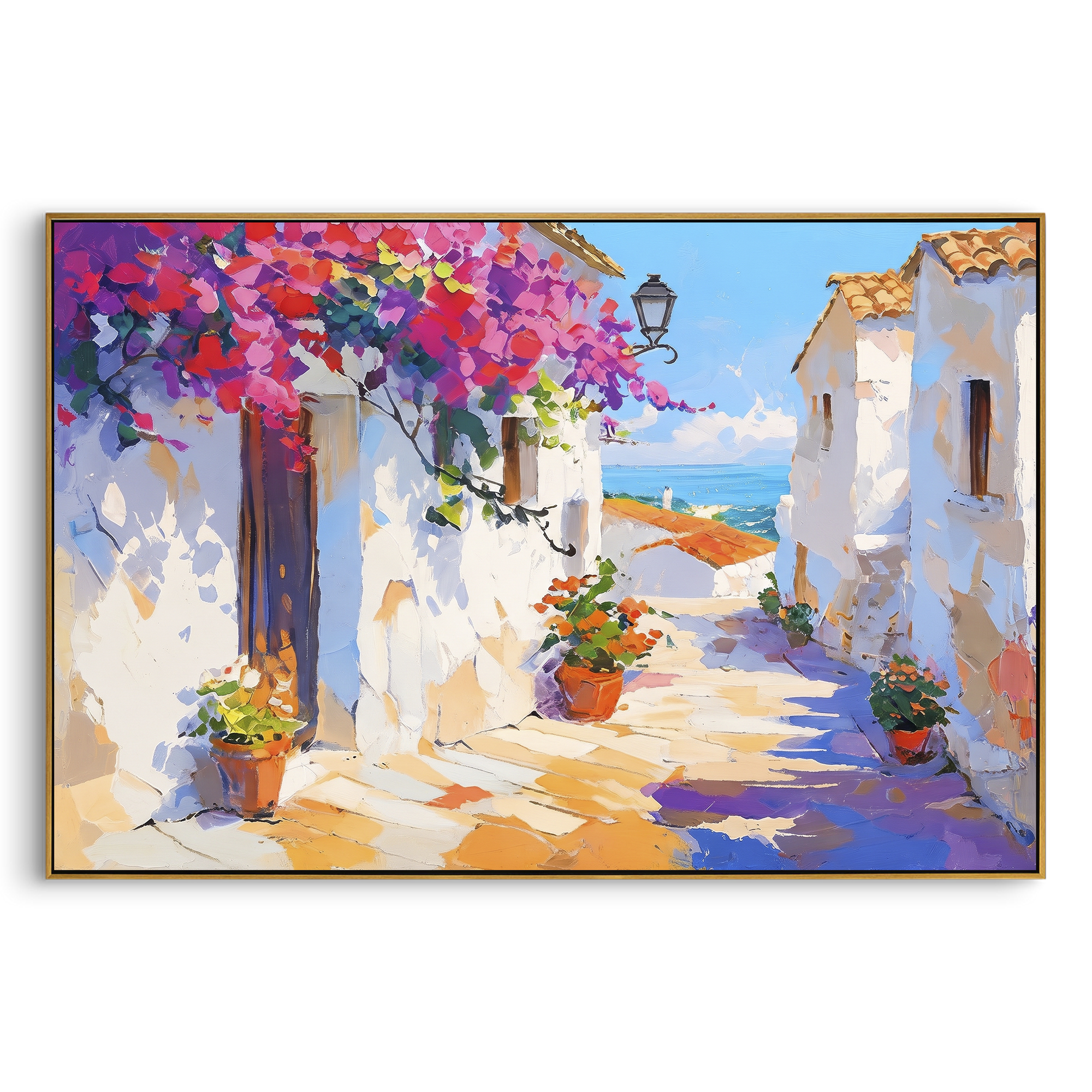 "Seaside Terrace Sailboats Painting" focuses on atmosphere, surface movement, and sculptural heavy impasto craftsmanship rather than a fixed literal storyline. The composition uses this hand-painted Mediterranean canvas features sailboats on a blue bay, flowering terrace, coastal town and luminous summer sky, built with raised palette-knife texture, layered brushwork, and luminous coastal color as the visual anchor, while layered palette-knife paint, raised plaster-like texture, and softened