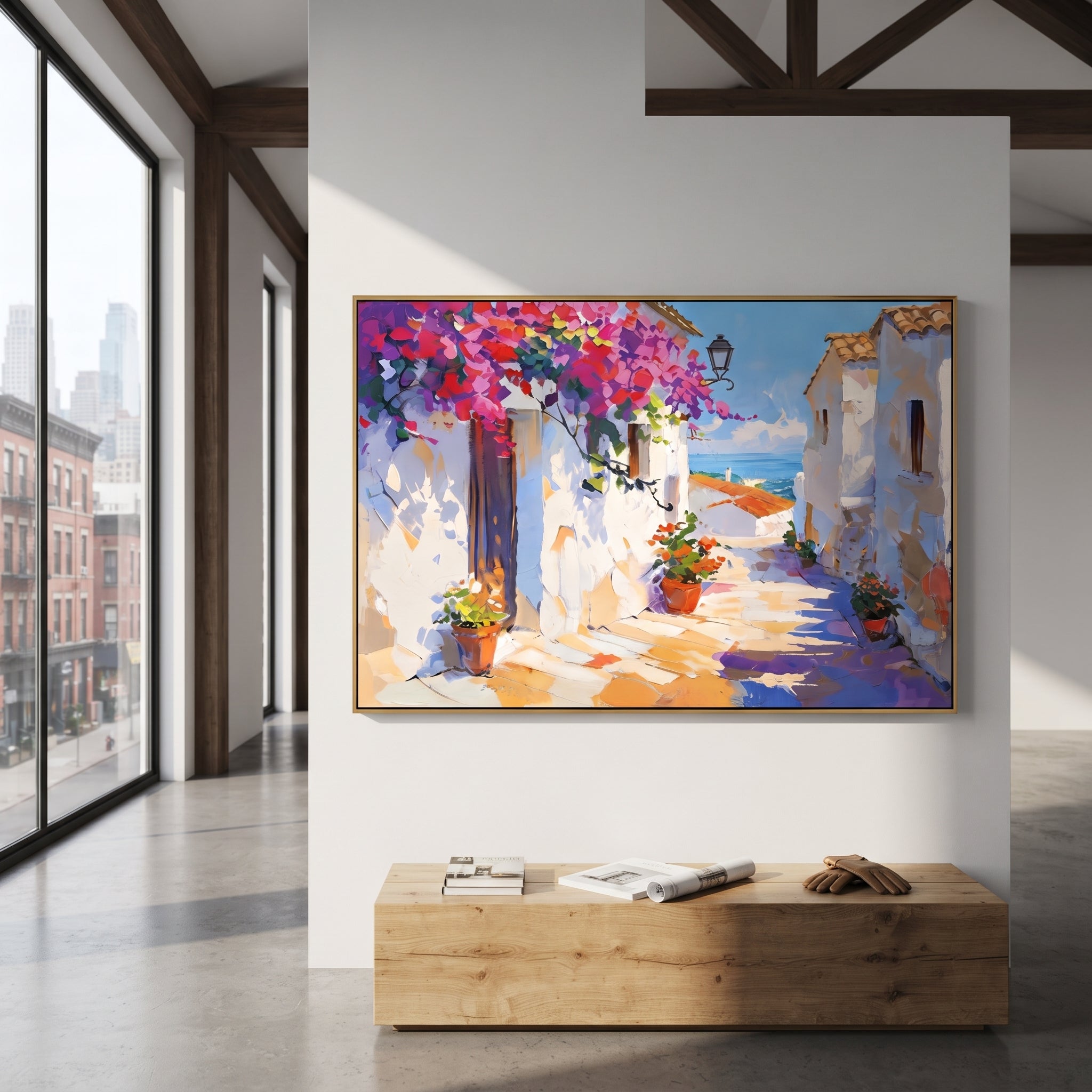 "Seaside Terrace Sailboats Painting" focuses on atmosphere, surface movement, and sculptural heavy impasto craftsmanship rather than a fixed literal storyline. The composition uses this hand-painted Mediterranean canvas features sailboats on a blue bay, flowering terrace, coastal town and luminous summer sky, built with raised palette-knife texture, layered brushwork, and luminous coastal color as the visual anchor, while layered palette-knife paint, raised plaster-like texture, and softened