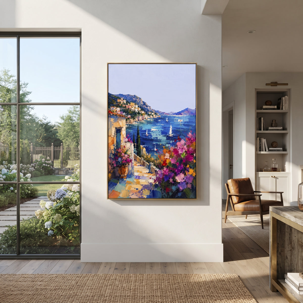 "Seaside Flower Lane Painting" focuses on atmosphere, surface movement, and sculptural heavy impasto craftsmanship rather than a fixed literal storyline. The composition uses this hand-painted Mediterranean canvas features whitewashed stone lane, cascading pink bougainvillea, blue sea opening, sunlit village walls, built with raised palette-knife texture, layered brushwork, and luminous coastal color as the visual anchor, while layered palette-knife paint, raised plaster-like texture, and