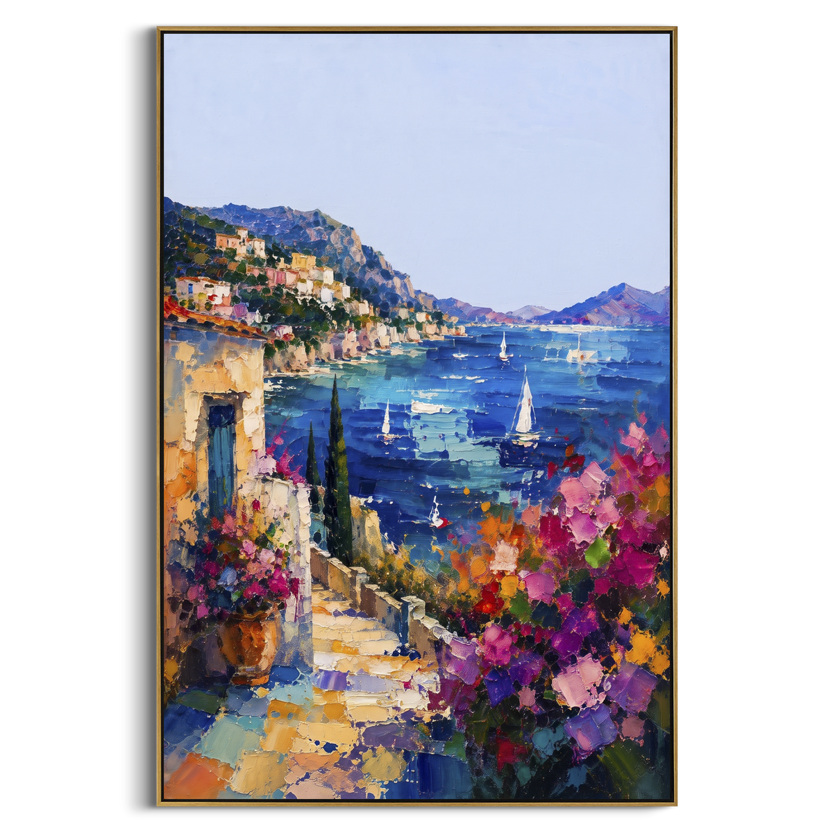 "Seaside Flower Lane Painting" - Modern Heavy Impasto Coastal Landscape | White & Blue Palette Knife Painting | Luxury Vertical Wall Art #PT 1591