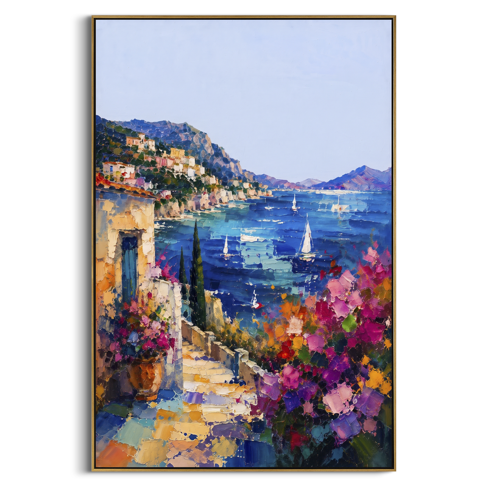 "Seaside Flower Lane Painting" focuses on atmosphere, surface movement, and sculptural heavy impasto craftsmanship rather than a fixed literal storyline. The composition uses this hand-painted Mediterranean canvas features whitewashed stone lane, cascading pink bougainvillea, blue sea opening, sunlit village walls, built with raised palette-knife texture, layered brushwork, and luminous coastal color as the visual anchor, while layered palette-knife paint, raised plaster-like texture, and