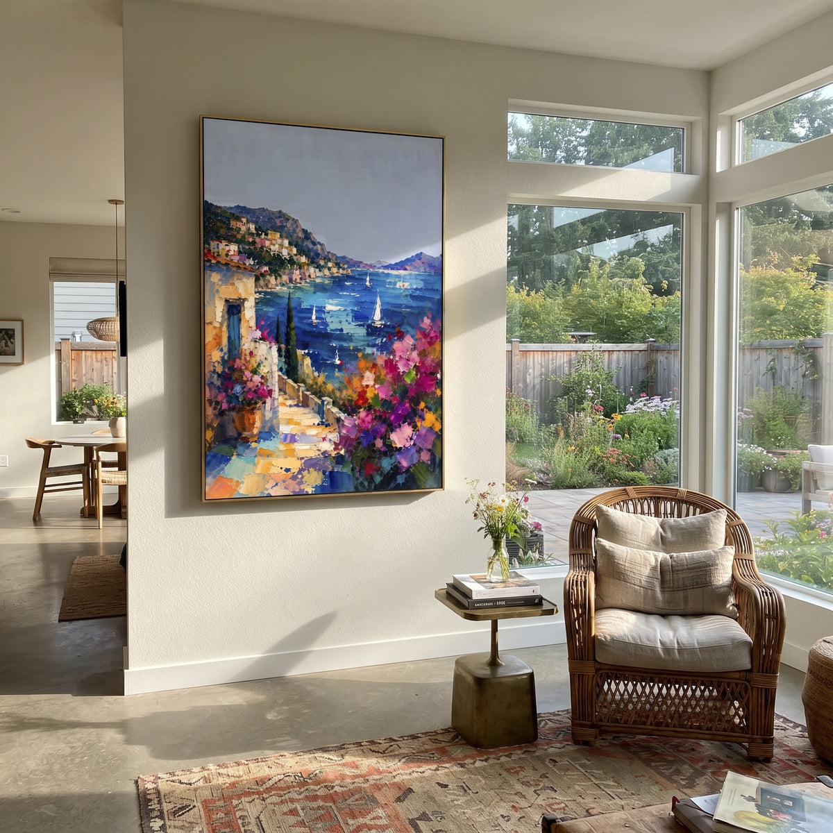 "Seaside Flower Lane Painting" focuses on atmosphere, surface movement, and sculptural heavy impasto craftsmanship rather than a fixed literal storyline. The composition uses this hand-painted Mediterranean canvas features whitewashed stone lane, cascading pink bougainvillea, blue sea opening, sunlit village walls, built with raised palette-knife texture, layered brushwork, and luminous coastal color as the visual anchor, while layered palette-knife paint, raised plaster-like texture, and
