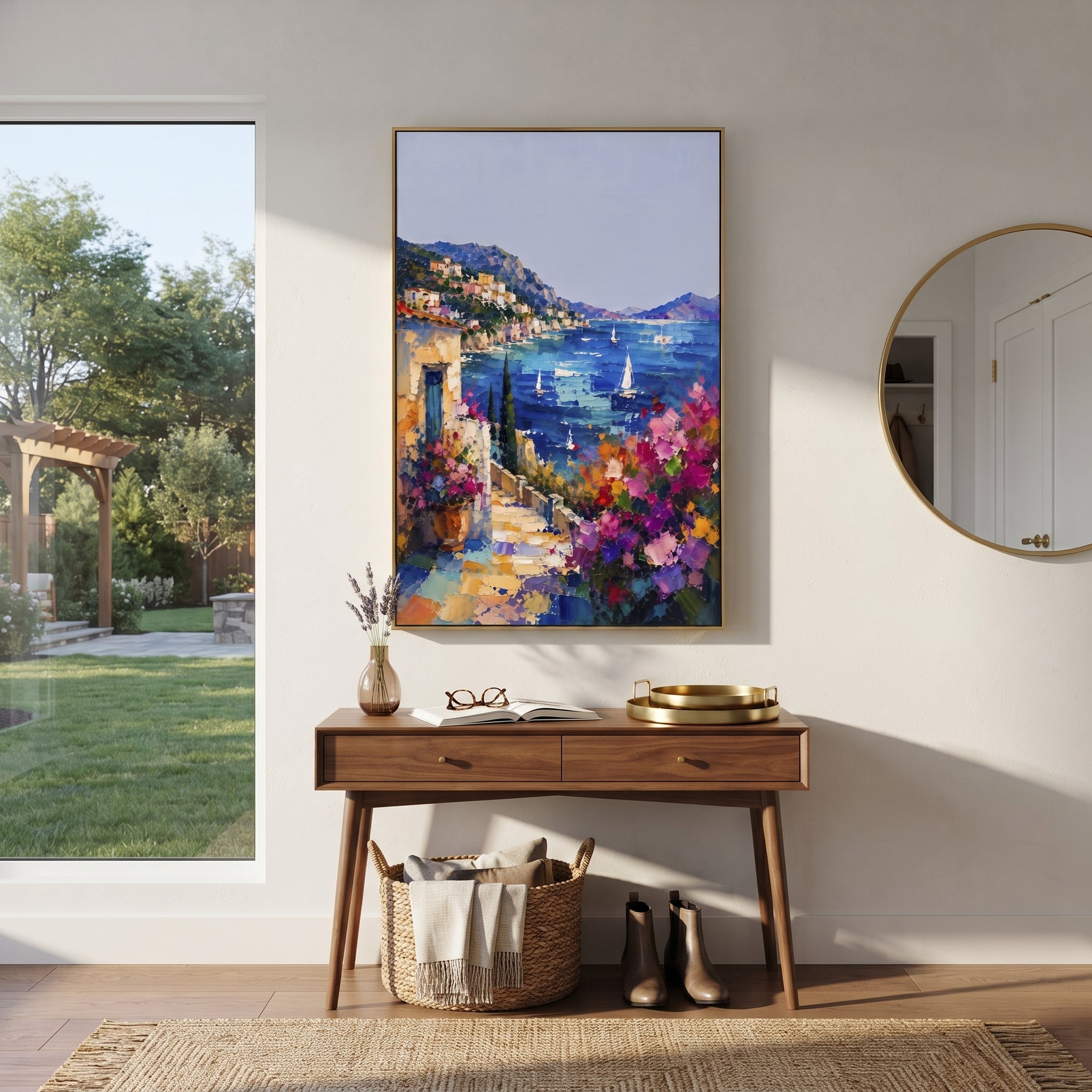 "Seaside Flower Lane Painting" focuses on atmosphere, surface movement, and sculptural heavy impasto craftsmanship rather than a fixed literal storyline. The composition uses this hand-painted Mediterranean canvas features whitewashed stone lane, cascading pink bougainvillea, blue sea opening, sunlit village walls, built with raised palette-knife texture, layered brushwork, and luminous coastal color as the visual anchor, while layered palette-knife paint, raised plaster-like texture, and
