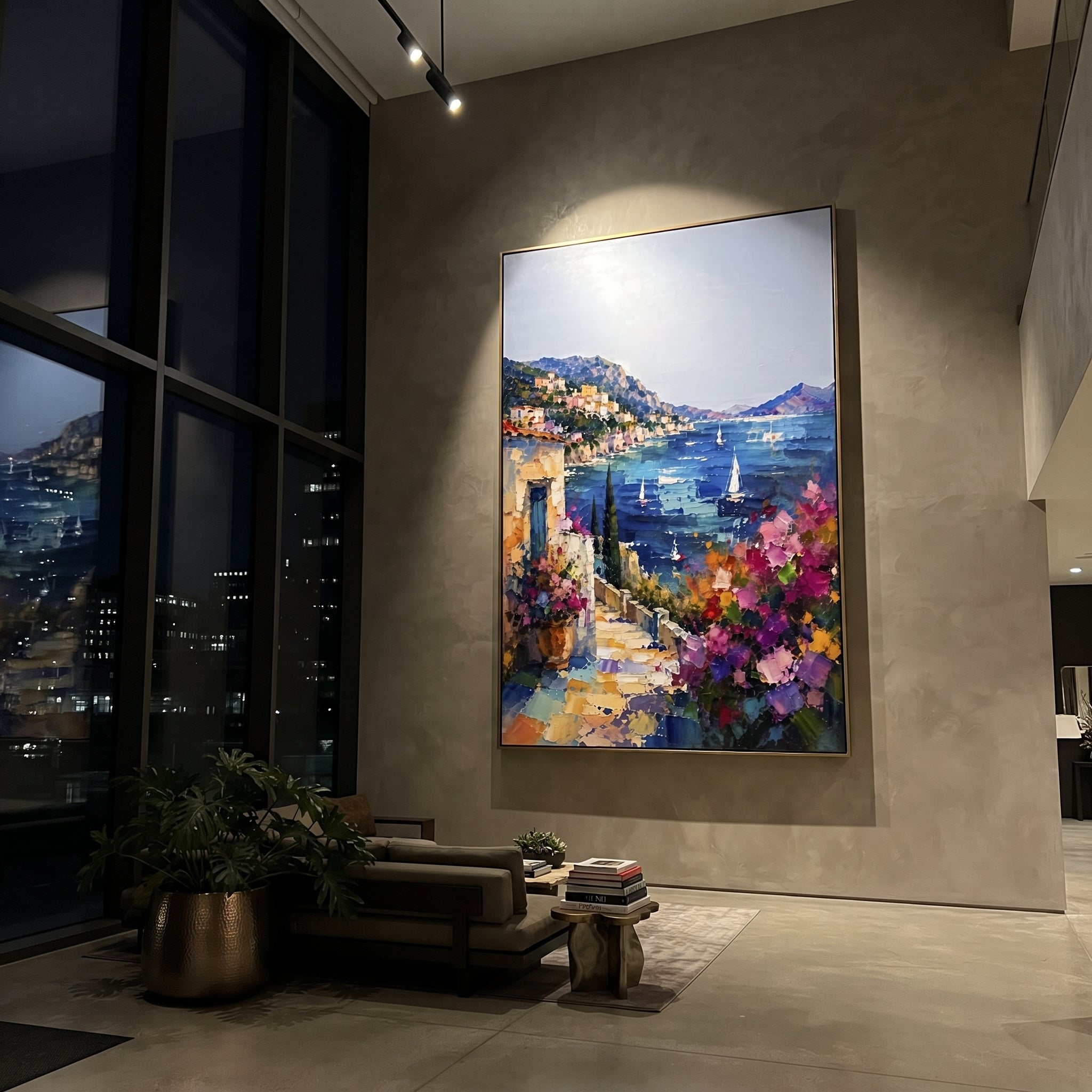 "Seaside Flower Lane Painting" focuses on atmosphere, surface movement, and sculptural heavy impasto craftsmanship rather than a fixed literal storyline. The composition uses this hand-painted Mediterranean canvas features whitewashed stone lane, cascading pink bougainvillea, blue sea opening, sunlit village walls, built with raised palette-knife texture, layered brushwork, and luminous coastal color as the visual anchor, while layered palette-knife paint, raised plaster-like texture, and