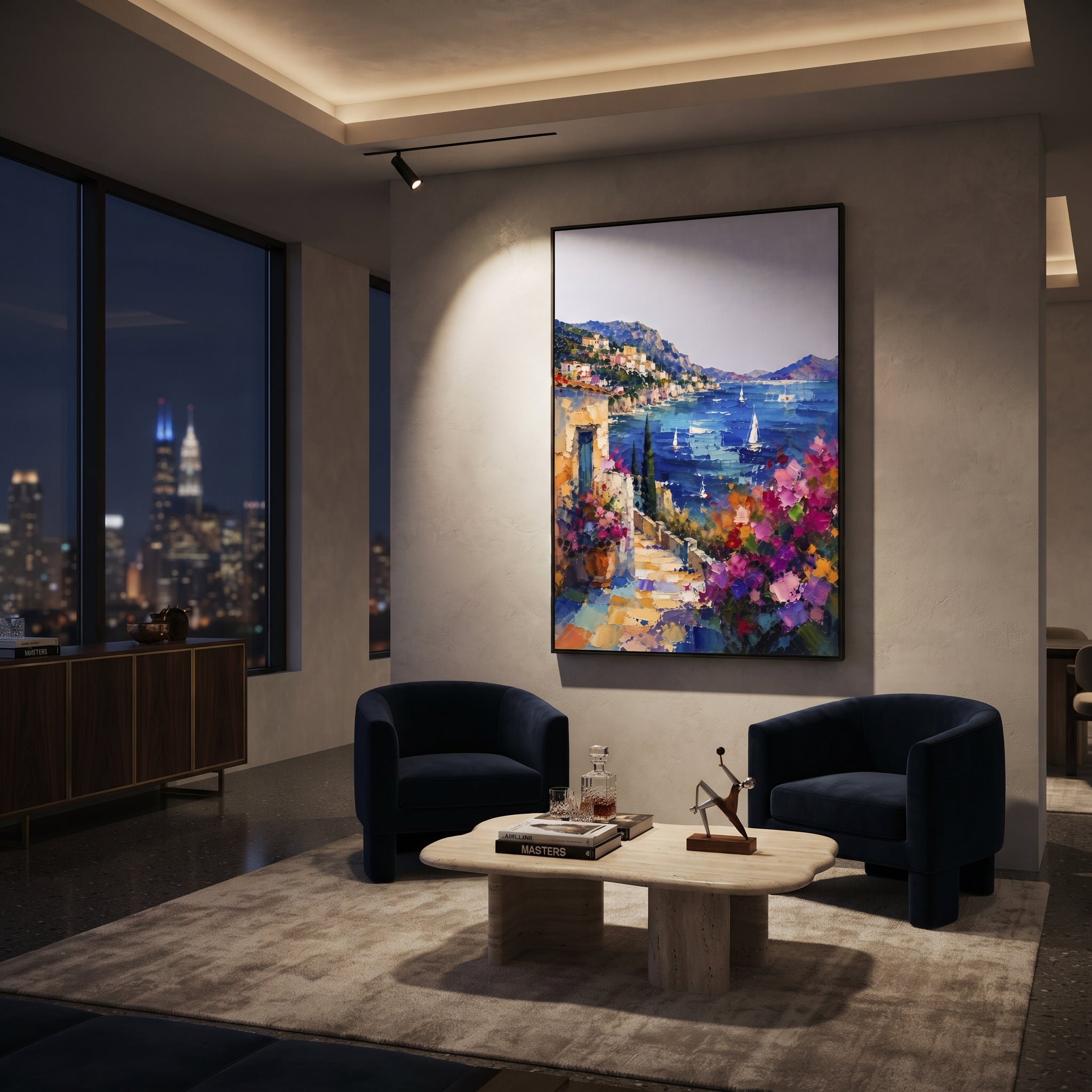 "Seaside Flower Lane Painting" focuses on atmosphere, surface movement, and sculptural heavy impasto craftsmanship rather than a fixed literal storyline. The composition uses this hand-painted Mediterranean canvas features whitewashed stone lane, cascading pink bougainvillea, blue sea opening, sunlit village walls, built with raised palette-knife texture, layered brushwork, and luminous coastal color as the visual anchor, while layered palette-knife paint, raised plaster-like texture, and