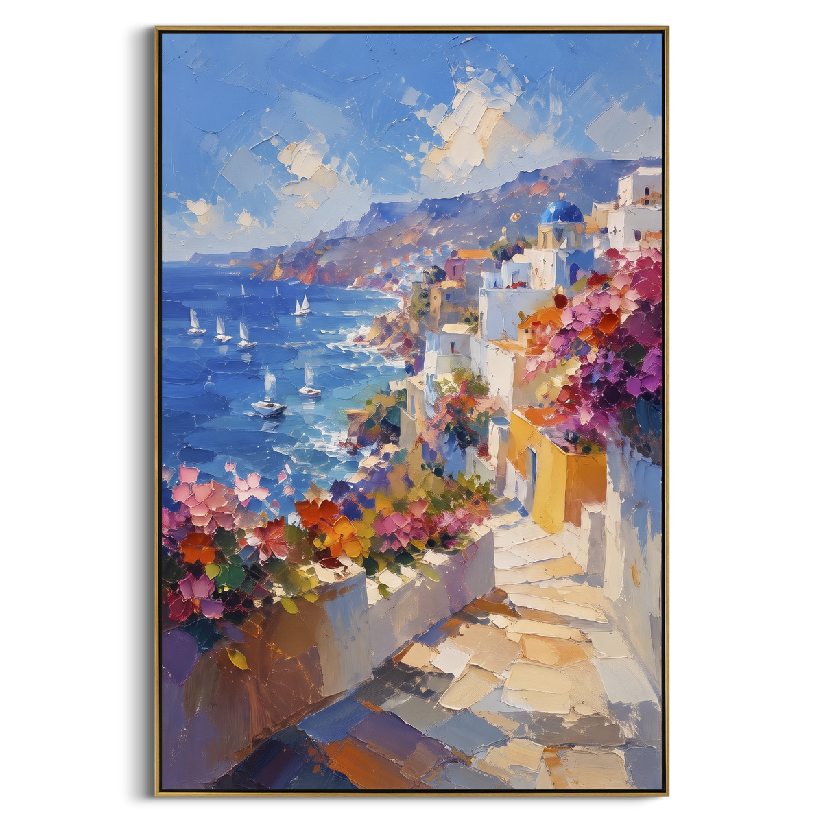 "Coastal Mountain Village Painting" - Modern Heavy Impasto Coastal Landscape | Blue & Green Palette Knife Painting | Luxury Vertical Wall Art #PT 1592