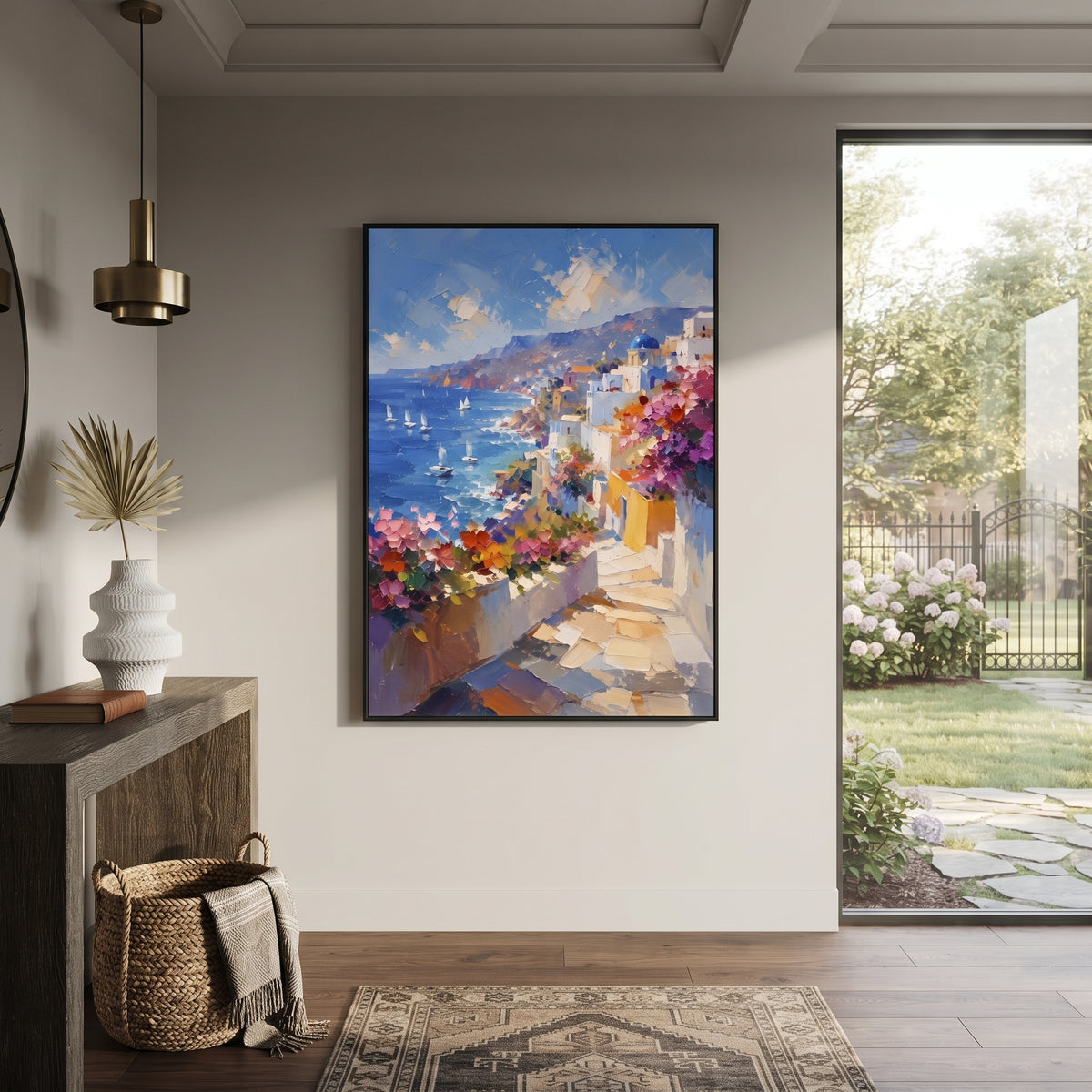 "Coastal Mountain Village Painting" focuses on atmosphere, surface movement, and sculptural heavy impasto craftsmanship rather than a fixed literal storyline. The composition uses this hand-painted Mediterranean canvas features steep coastal cliffs, hillside village, deep blue water, floral foreground, textured sky, built with raised palette-knife texture, layered brushwork, and luminous coastal color as the visual anchor, while layered palette-knife paint, raised plaster-like texture, and