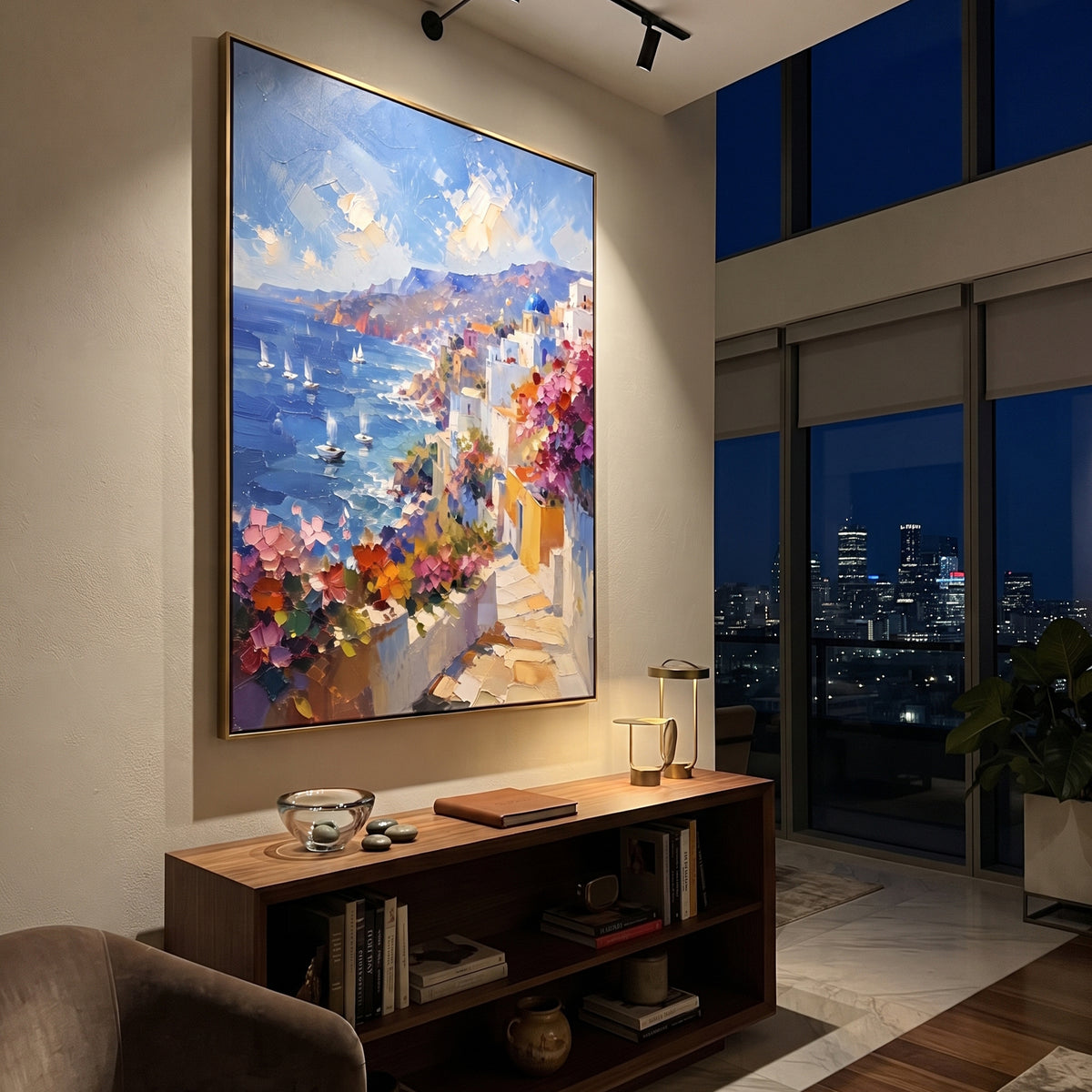 "Coastal Mountain Village Painting" focuses on atmosphere, surface movement, and sculptural heavy impasto craftsmanship rather than a fixed literal storyline. The composition uses this hand-painted Mediterranean canvas features steep coastal cliffs, hillside village, deep blue water, floral foreground, textured sky, built with raised palette-knife texture, layered brushwork, and luminous coastal color as the visual anchor, while layered palette-knife paint, raised plaster-like texture, and