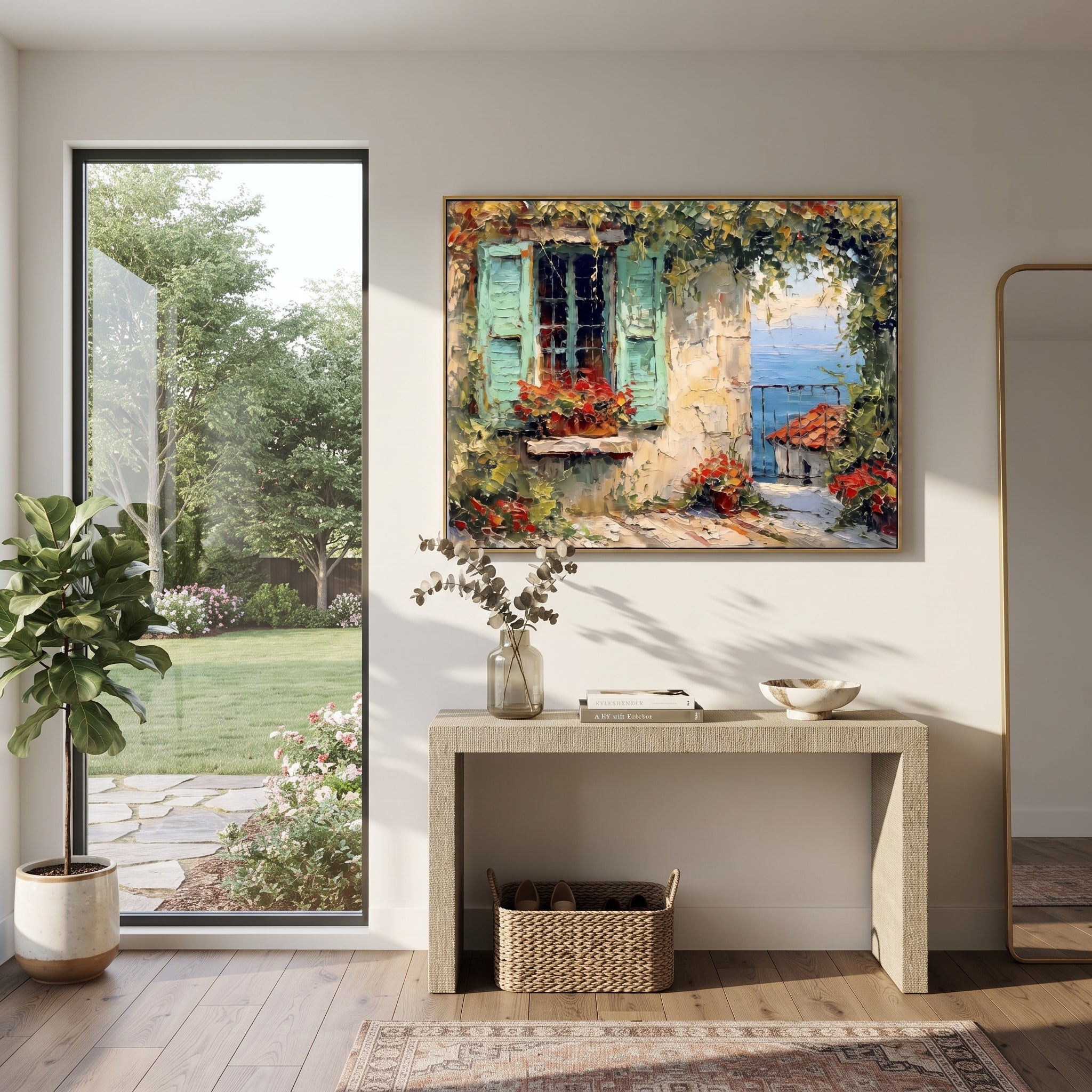"Flowered Cliff Vista Painting" focuses on atmosphere, surface movement, and sculptural heavy impasto craftsmanship rather than a fixed literal storyline. The composition uses this hand-painted Mediterranean canvas features steep coastal cliffs, hillside village, deep blue water, floral foreground, textured sky, built with raised palette-knife texture, layered brushwork, and luminous coastal color as the visual anchor, while layered palette-knife paint, raised plaster-like texture, and softened