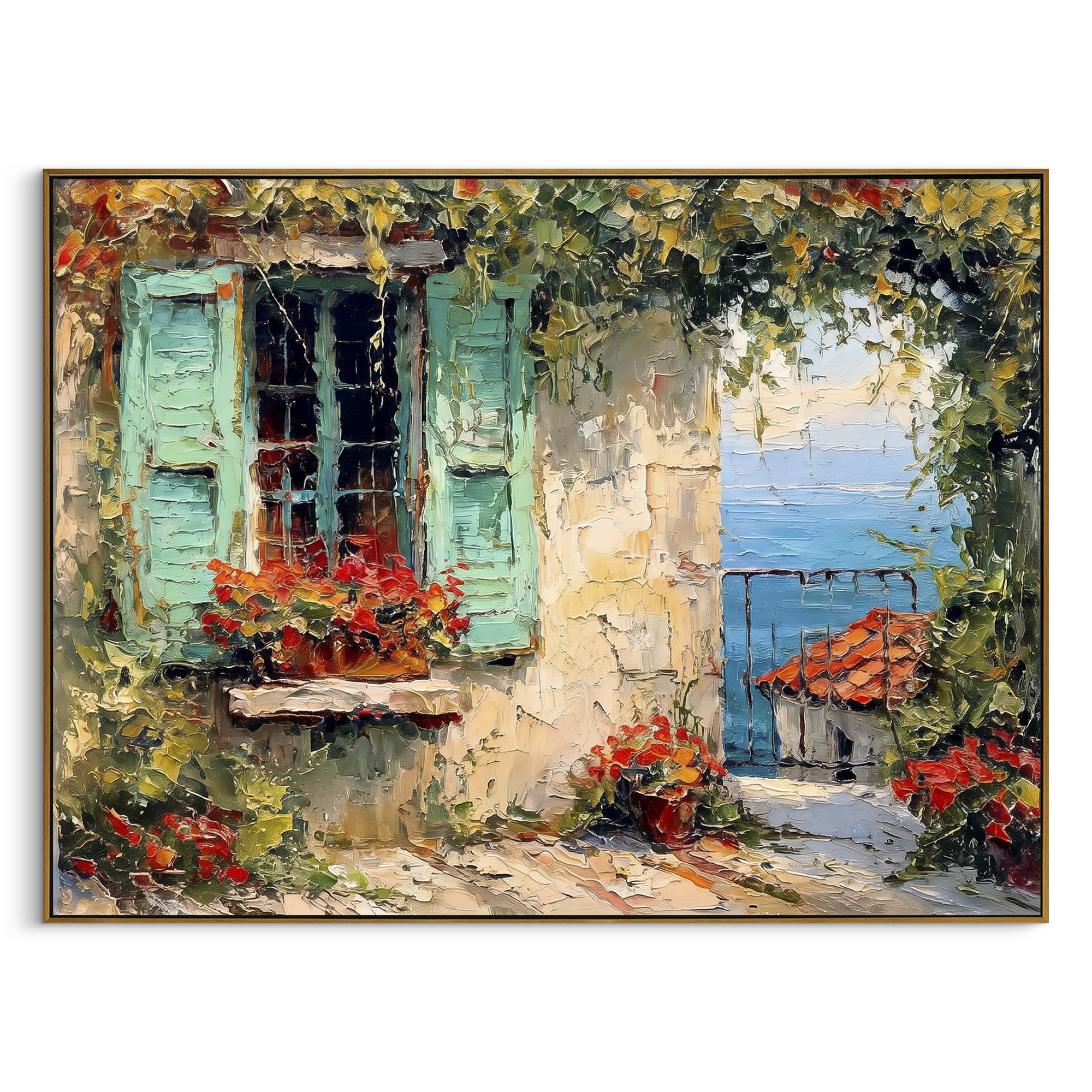 "Flowered Cliff Vista Painting" focuses on atmosphere, surface movement, and sculptural heavy impasto craftsmanship rather than a fixed literal storyline. The composition uses this hand-painted Mediterranean canvas features steep coastal cliffs, hillside village, deep blue water, floral foreground, textured sky, built with raised palette-knife texture, layered brushwork, and luminous coastal color as the visual anchor, while layered palette-knife paint, raised plaster-like texture, and softened
