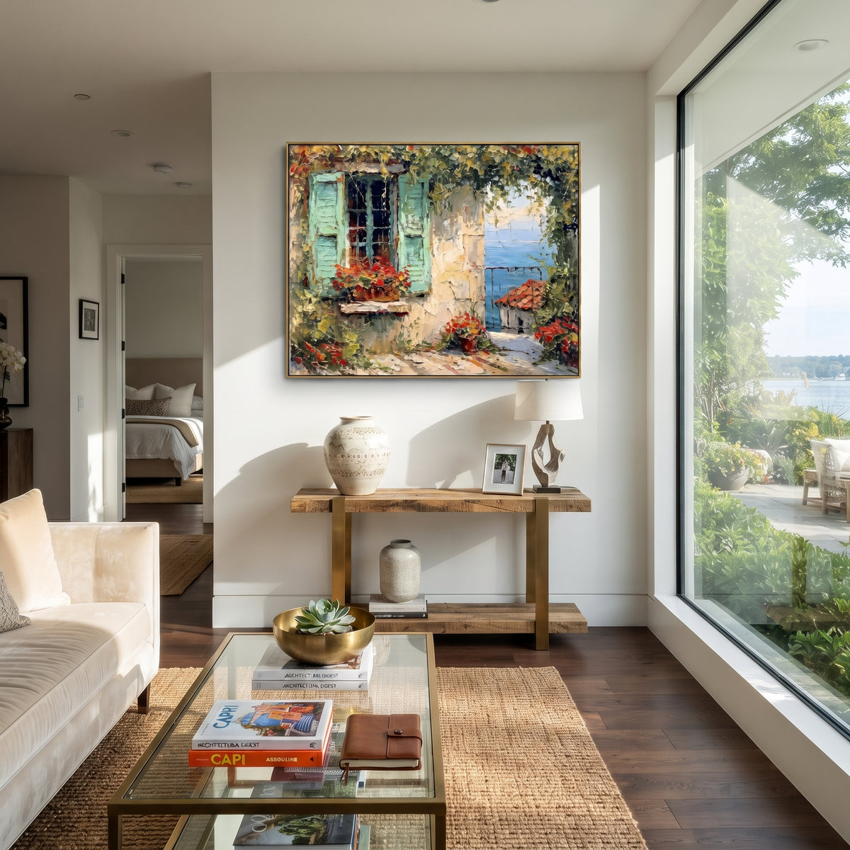 "Flowered Cliff Vista Painting" focuses on atmosphere, surface movement, and sculptural heavy impasto craftsmanship rather than a fixed literal storyline. The composition uses this hand-painted Mediterranean canvas features steep coastal cliffs, hillside village, deep blue water, floral foreground, textured sky, built with raised palette-knife texture, layered brushwork, and luminous coastal color as the visual anchor, while layered palette-knife paint, raised plaster-like texture, and softened