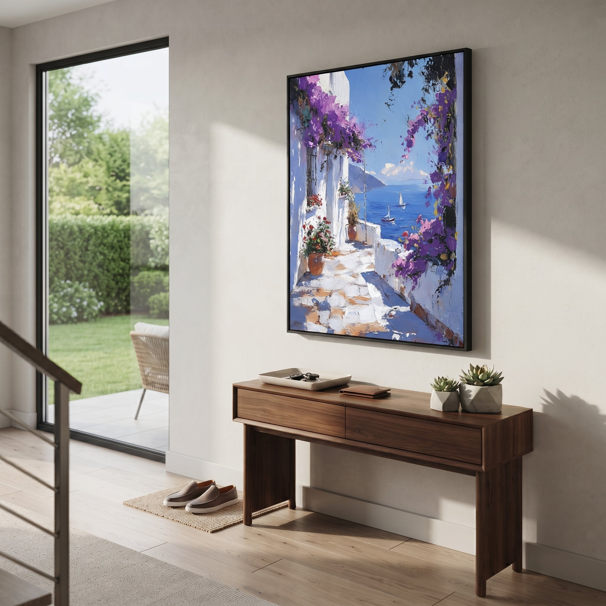 "Sailing Bay Garden Study Painting" focuses on atmosphere, surface movement, and sculptural heavy impasto craftsmanship rather than a fixed literal storyline. The composition uses this hand-painted Mediterranean canvas features sailboats on a blue bay, flowering terrace, coastal town and luminous summer sky, built with raised palette-knife texture, layered brushwork, and luminous coastal color as the visual anchor, while layered palette-knife paint, raised plaster-like texture, and softened