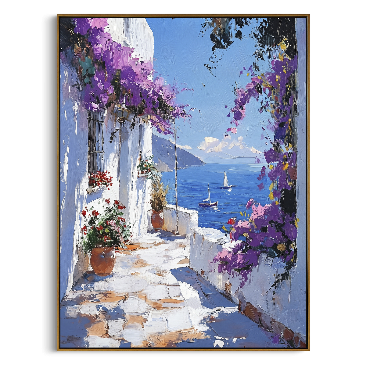 "Sailing Bay Garden Study Painting" - Modern Heavy Impasto Coastal Landscape | Blue & Pink Palette Knife Painting | Luxury Vertical Wall Art #PT 1594