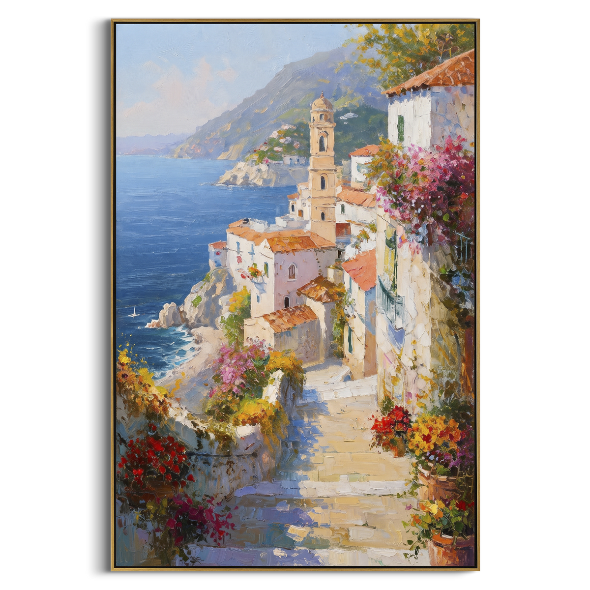 "Blue Bay Rooftops Painting" - Modern Heavy Impasto Coastal Landscape | Blue & Green Palette Knife Painting | Luxury Vertical Wall Art #PT 1595