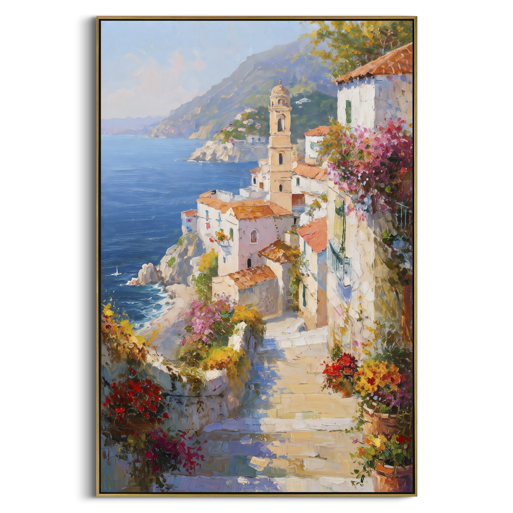 "Blue Bay Rooftops Painting" focuses on atmosphere, surface movement, and sculptural heavy impasto craftsmanship rather than a fixed literal storyline. The composition uses this hand-painted Mediterranean canvas features coastal mountains, small village rooftops, winding shore, blue bay and garden accents, built with raised palette-knife texture, layered brushwork, and luminous coastal color as the visual anchor, while layered palette-knife paint, raised plaster-like texture, and softened brush