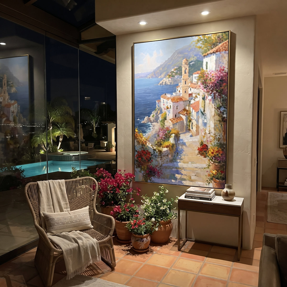 "Blue Bay Rooftops Painting" focuses on atmosphere, surface movement, and sculptural heavy impasto craftsmanship rather than a fixed literal storyline. The composition uses this hand-painted Mediterranean canvas features coastal mountains, small village rooftops, winding shore, blue bay and garden accents, built with raised palette-knife texture, layered brushwork, and luminous coastal color as the visual anchor, while layered palette-knife paint, raised plaster-like texture, and softened brush