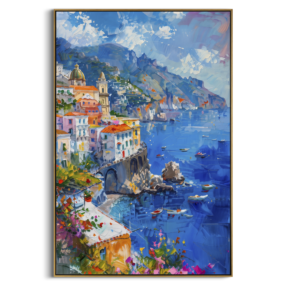 "Pink Bloom Coastal Path Painting" focuses on atmosphere, surface movement, and sculptural heavy impasto craftsmanship rather than a fixed literal storyline. The composition uses this hand-painted Mediterranean canvas features whitewashed stone lane, cascading pink bougainvillea, blue sea opening, sunlit village walls, built with raised palette-knife texture, layered brushwork, and luminous coastal color as the visual anchor, while layered palette-knife paint, raised plaster-like texture, and