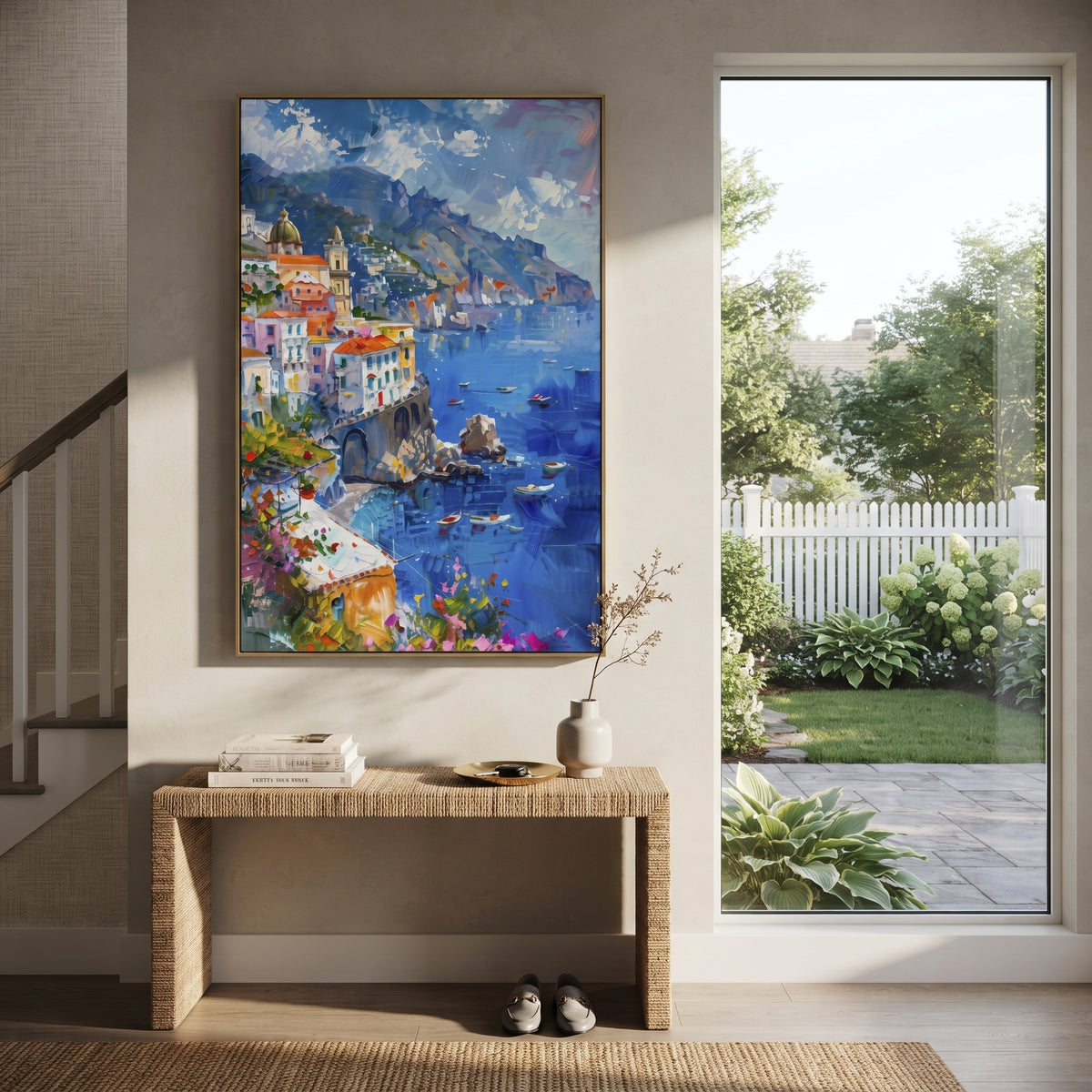 "Pink Bloom Coastal Path Painting" focuses on atmosphere, surface movement, and sculptural heavy impasto craftsmanship rather than a fixed literal storyline. The composition uses this hand-painted Mediterranean canvas features whitewashed stone lane, cascading pink bougainvillea, blue sea opening, sunlit village walls, built with raised palette-knife texture, layered brushwork, and luminous coastal color as the visual anchor, while layered palette-knife paint, raised plaster-like texture, and