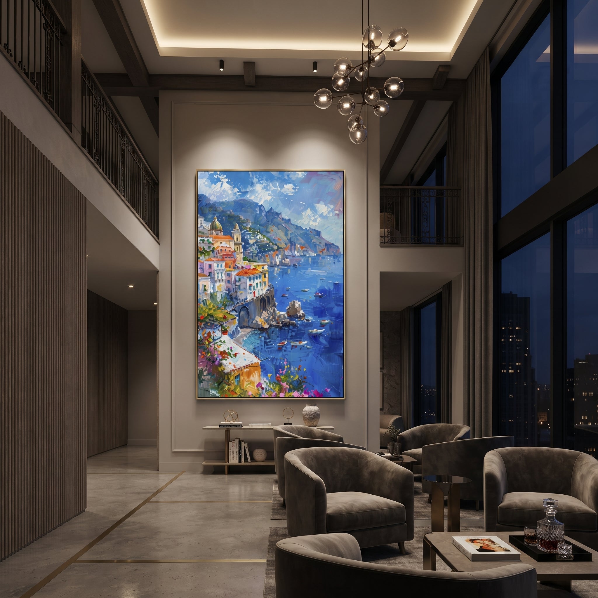 "Pink Bloom Coastal Path Painting" focuses on atmosphere, surface movement, and sculptural heavy impasto craftsmanship rather than a fixed literal storyline. The composition uses this hand-painted Mediterranean canvas features whitewashed stone lane, cascading pink bougainvillea, blue sea opening, sunlit village walls, built with raised palette-knife texture, layered brushwork, and luminous coastal color as the visual anchor, while layered palette-knife paint, raised plaster-like texture, and
