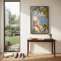 "Mediterranean Lemon Balcony Painting" focuses on atmosphere, surface movement, and sculptural heavy impasto craftsmanship rather than a fixed literal storyline. The composition uses this hand-painted Mediterranean canvas features open blue shutters, lemon branches, calm sea view, bright white wall and terrace light, built with raised palette-knife texture, layered brushwork, and luminous coastal color as the visual anchor, while layered palette-knife paint, raised plaster-like texture, and