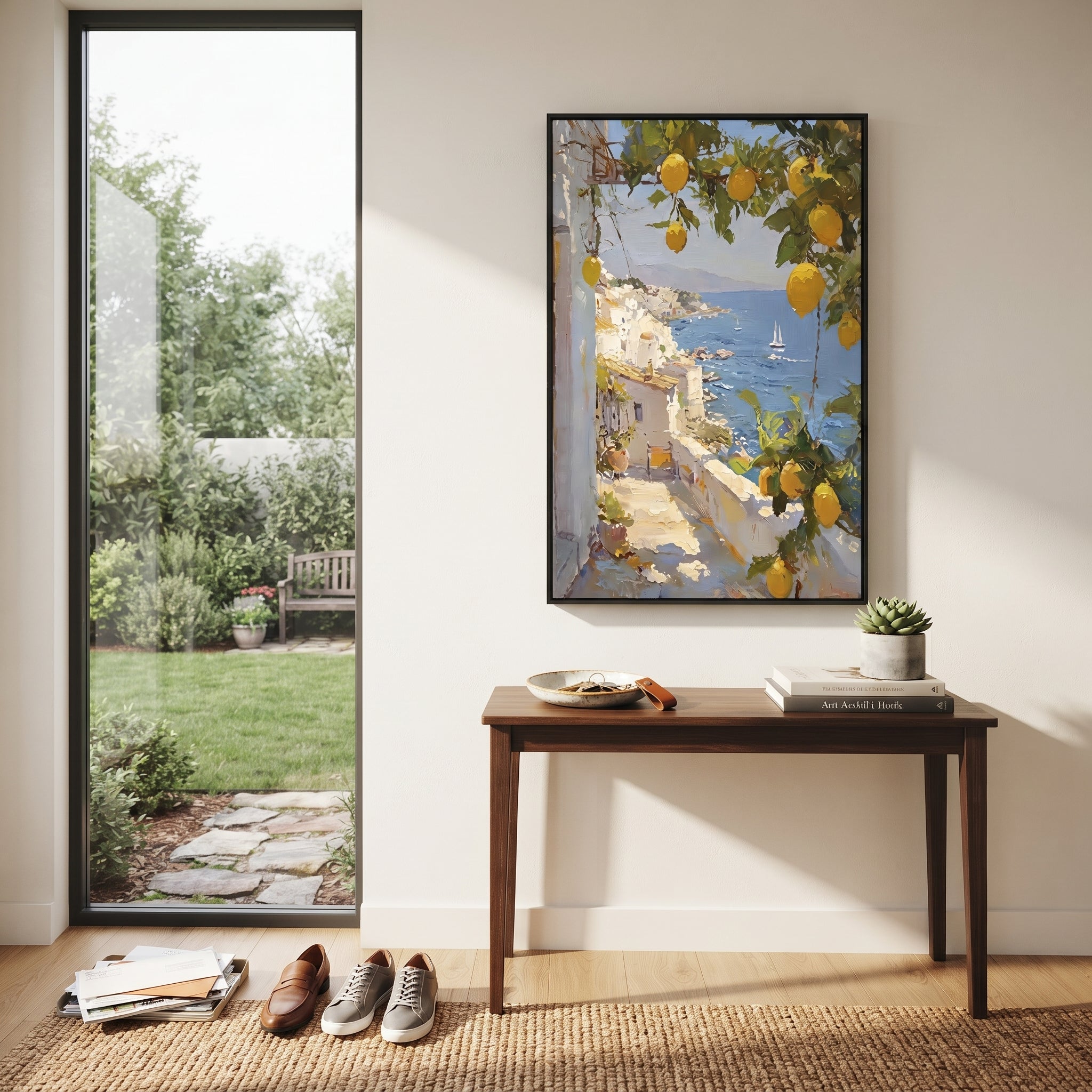 "Mediterranean Lemon Balcony Painting" focuses on atmosphere, surface movement, and sculptural heavy impasto craftsmanship rather than a fixed literal storyline. The composition uses this hand-painted Mediterranean canvas features open blue shutters, lemon branches, calm sea view, bright white wall and terrace light, built with raised palette-knife texture, layered brushwork, and luminous coastal color as the visual anchor, while layered palette-knife paint, raised plaster-like texture, and