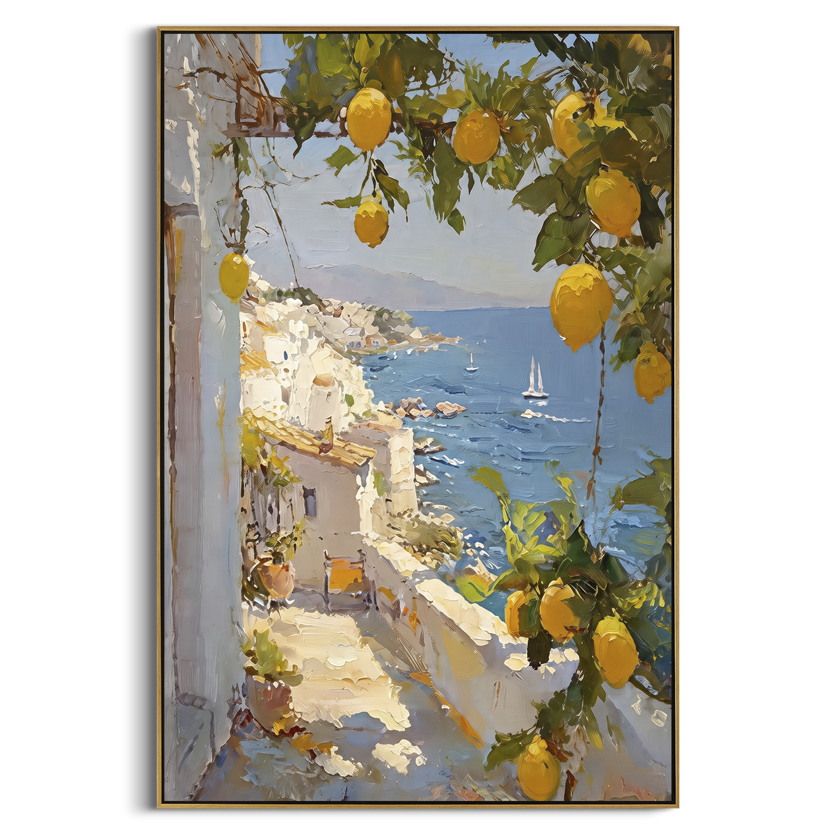 "Mediterranean Lemon Balcony Painting" - Modern Heavy Impasto Coastal Landscape | Blue & Yellow Palette Knife Painting | Luxury Vertical Wall Art #PT 1597