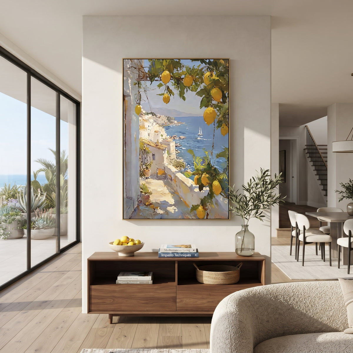 "Mediterranean Lemon Balcony Painting" focuses on atmosphere, surface movement, and sculptural heavy impasto craftsmanship rather than a fixed literal storyline. The composition uses this hand-painted Mediterranean canvas features open blue shutters, lemon branches, calm sea view, bright white wall and terrace light, built with raised palette-knife texture, layered brushwork, and luminous coastal color as the visual anchor, while layered palette-knife paint, raised plaster-like texture, and