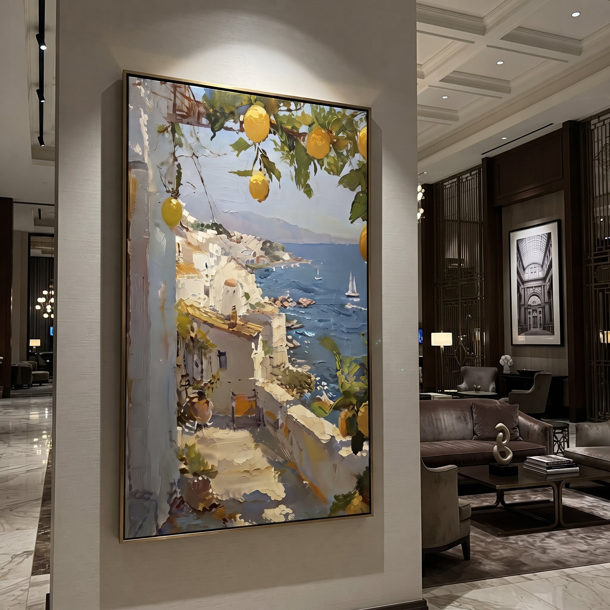 "Mediterranean Lemon Balcony Painting" focuses on atmosphere, surface movement, and sculptural heavy impasto craftsmanship rather than a fixed literal storyline. The composition uses this hand-painted Mediterranean canvas features open blue shutters, lemon branches, calm sea view, bright white wall and terrace light, built with raised palette-knife texture, layered brushwork, and luminous coastal color as the visual anchor, while layered palette-knife paint, raised plaster-like texture, and