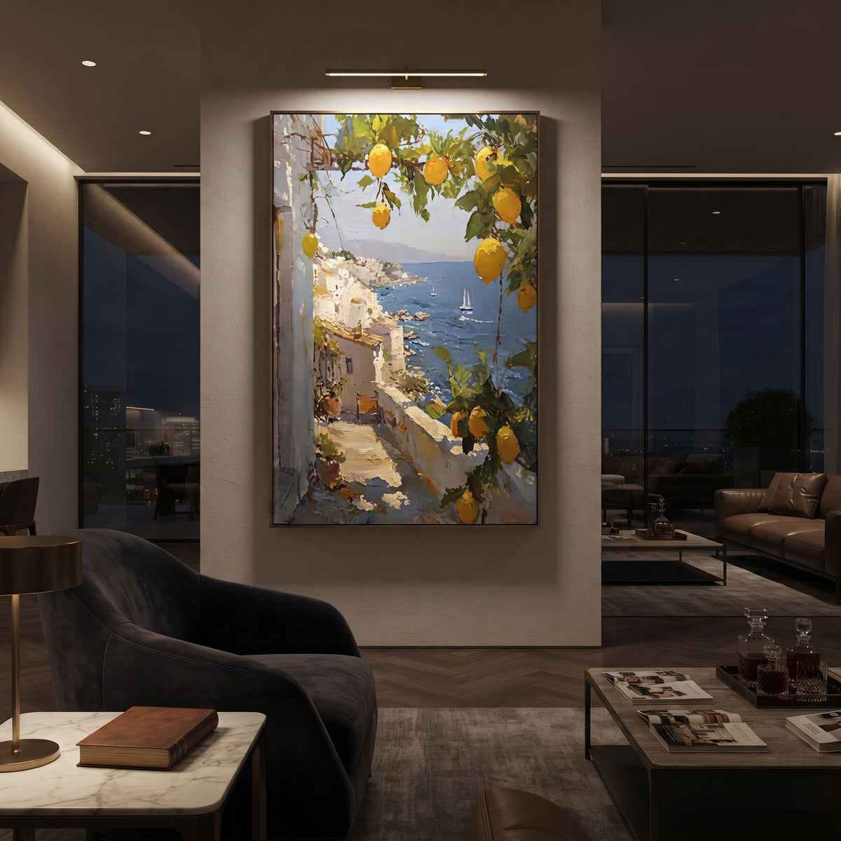 "Mediterranean Lemon Balcony Painting" focuses on atmosphere, surface movement, and sculptural heavy impasto craftsmanship rather than a fixed literal storyline. The composition uses this hand-painted Mediterranean canvas features open blue shutters, lemon branches, calm sea view, bright white wall and terrace light, built with raised palette-knife texture, layered brushwork, and luminous coastal color as the visual anchor, while layered palette-knife paint, raised plaster-like texture, and
