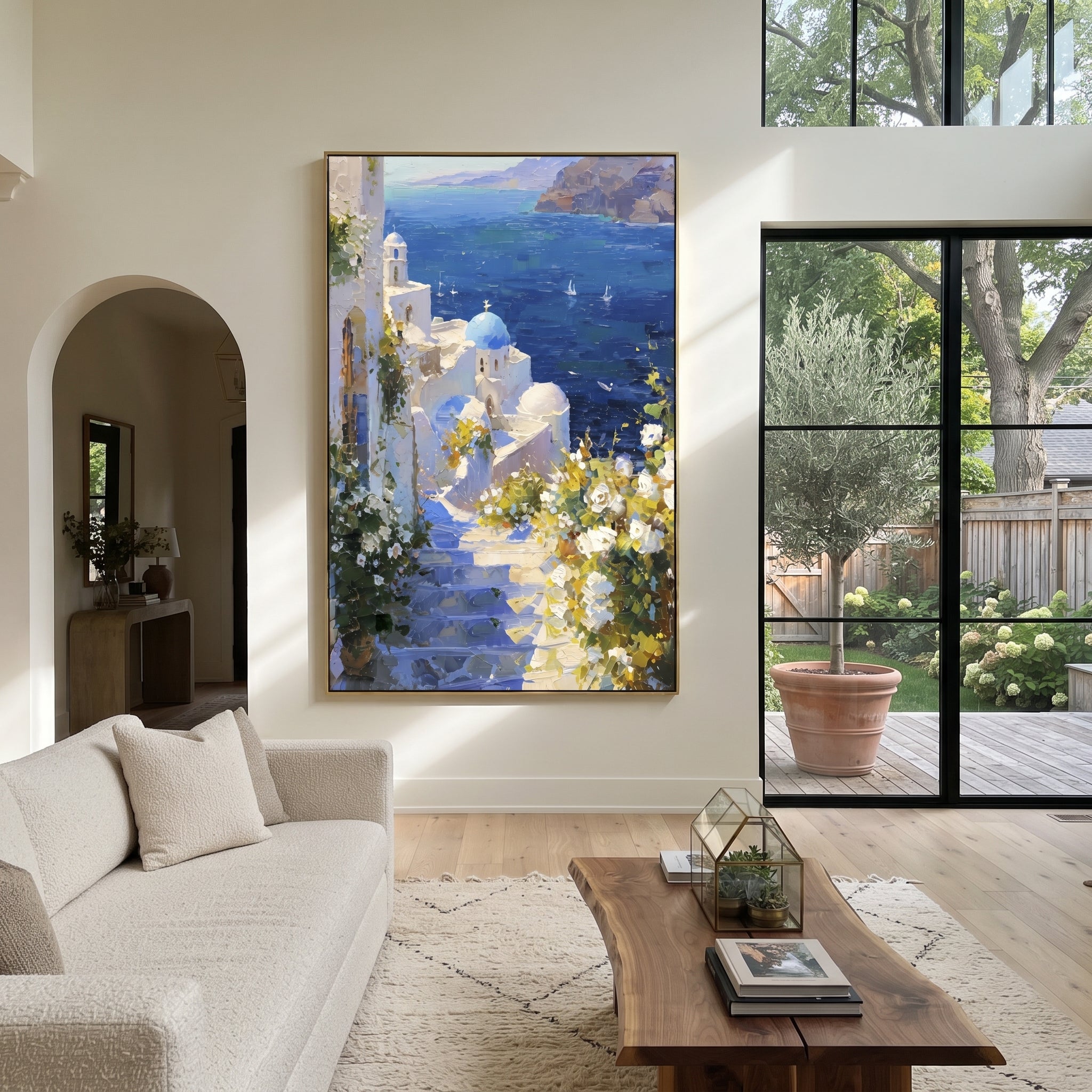 "Mediterranean Stone Street Painting" focuses on atmosphere, surface movement, and sculptural heavy impasto craftsmanship rather than a fixed literal storyline. The composition uses this hand-painted Mediterranean canvas features white Mediterranean alley, terracotta roofs, potted flowers, distant sea and mountain light, built with raised palette-knife texture, layered brushwork, and luminous coastal color as the visual anchor, while layered palette-knife paint, raised plaster-like texture, and