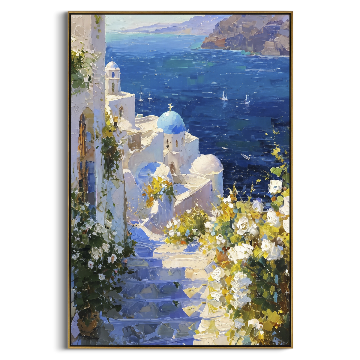 "Mediterranean Stone Street Painting" - Modern Heavy Impasto Coastal Landscape | White & Blue Palette Knife Painting | Luxury Vertical Wall Art #PT 1598
