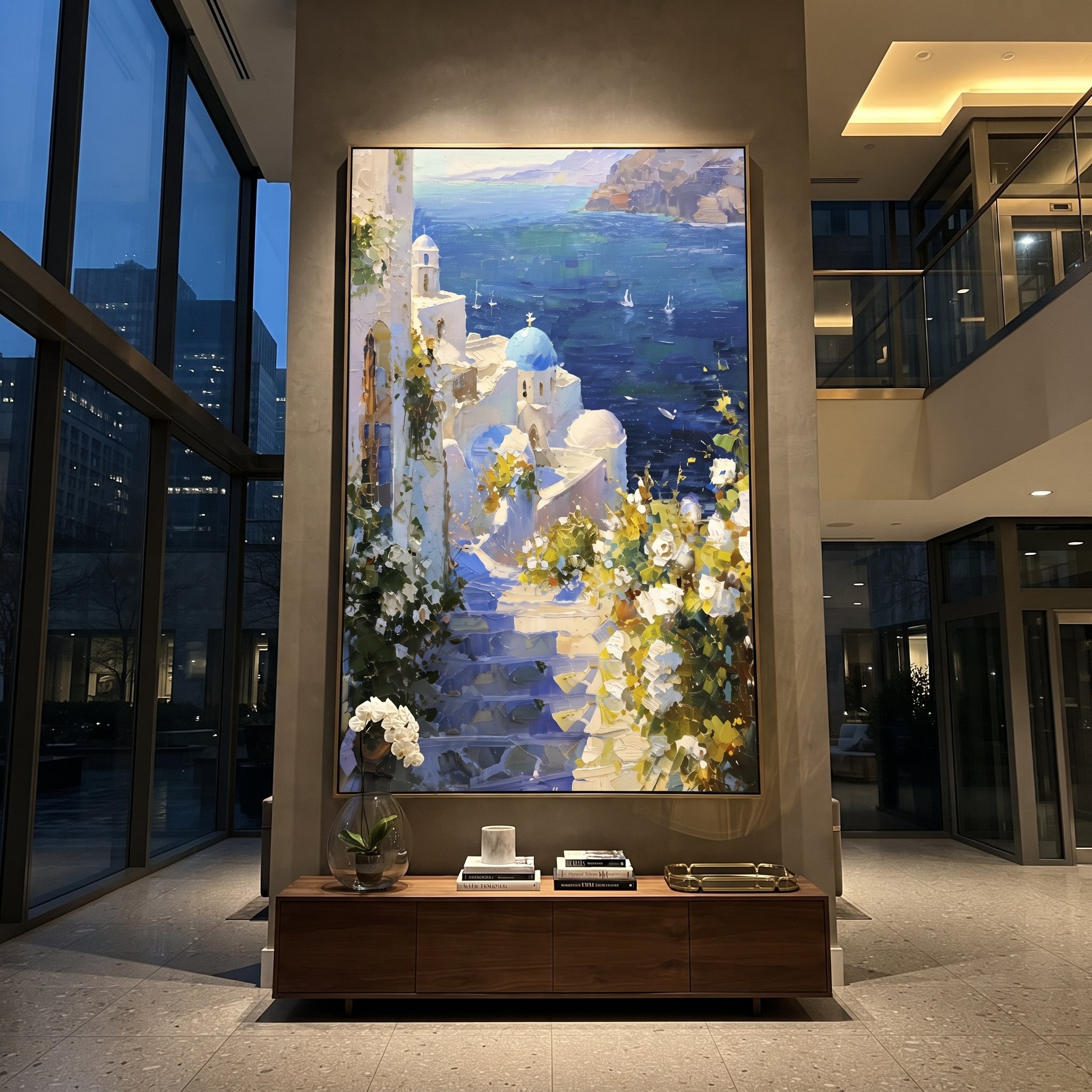 "Mediterranean Stone Street Painting" focuses on atmosphere, surface movement, and sculptural heavy impasto craftsmanship rather than a fixed literal storyline. The composition uses this hand-painted Mediterranean canvas features white Mediterranean alley, terracotta roofs, potted flowers, distant sea and mountain light, built with raised palette-knife texture, layered brushwork, and luminous coastal color as the visual anchor, while layered palette-knife paint, raised plaster-like texture, and