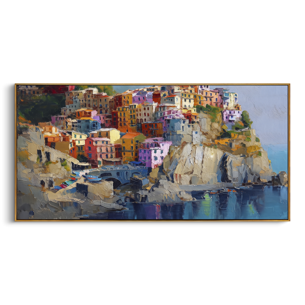 "Pastel Houses Cliff Painting" - Modern Heavy Impasto Coastal Landscape | Blue & Orange Palette Knife Painting | Luxury Horizontal Wall Art #PT 1599