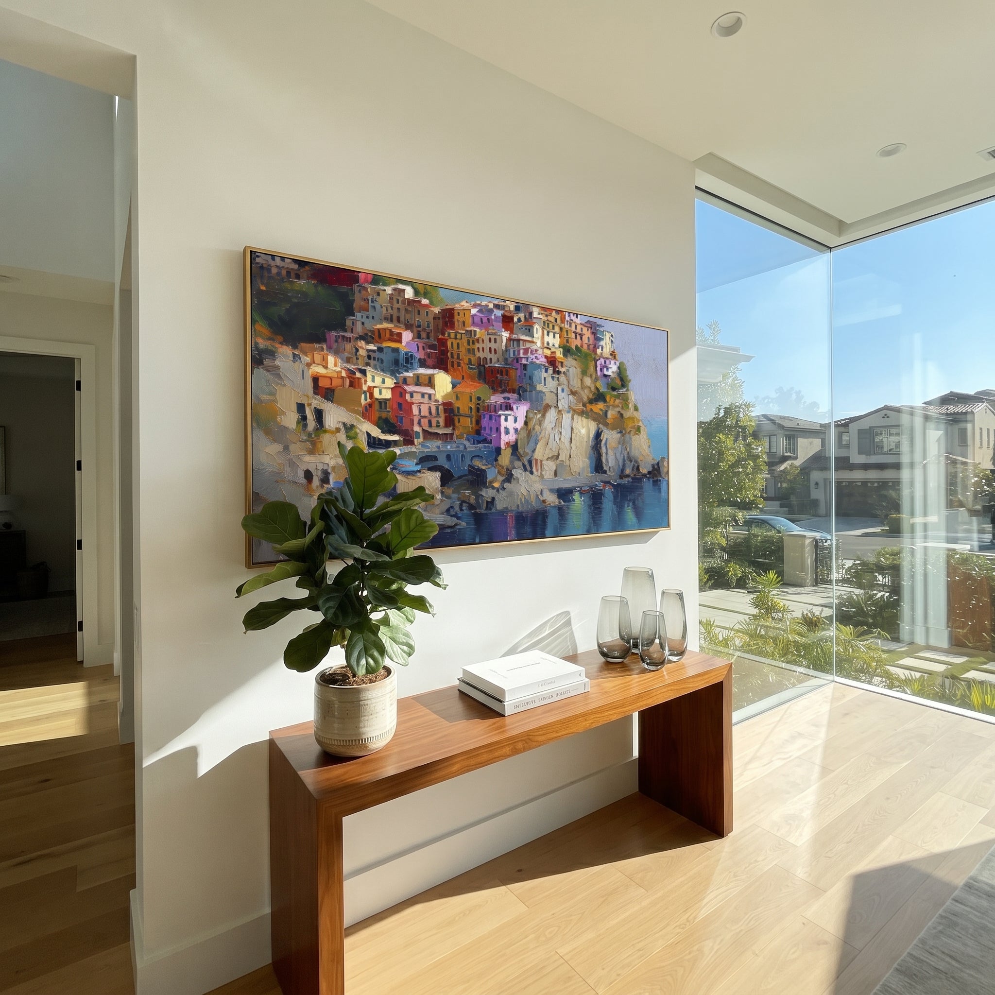 "Pastel Houses Cliff Painting" focuses on atmosphere, surface movement, and sculptural heavy impasto craftsmanship rather than a fixed literal storyline. The composition uses this hand-painted Mediterranean canvas features stacked pastel buildings on seaside cliffs, boats below, bright impasto coastal color, built with raised palette-knife texture, layered brushwork, and luminous coastal color as the visual anchor, while layered palette-knife paint, raised plaster-like texture, and softened