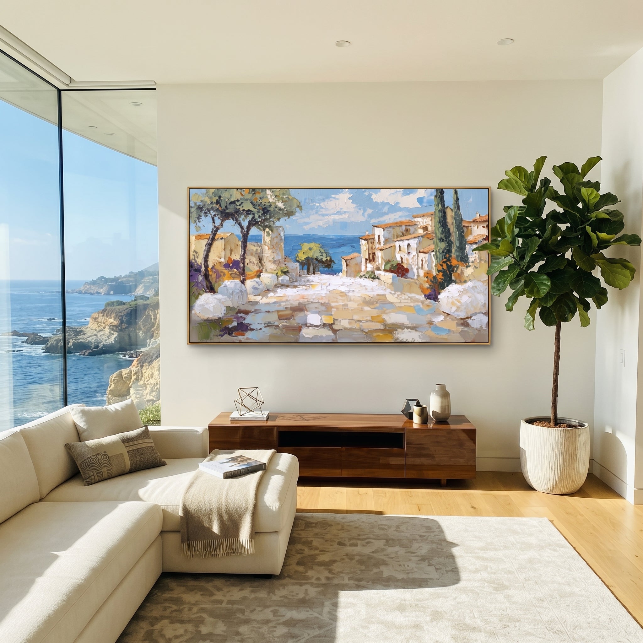 "Blue Harbor Town Painting" focuses on atmosphere, surface movement, and sculptural heavy impasto craftsmanship rather than a fixed literal storyline. The composition uses this hand-painted Mediterranean canvas features colorful waterfront houses, moored boats, shimmering blue harbor reflections, pastel sky, built with raised palette-knife texture, layered brushwork, and luminous coastal color as the visual anchor, while layered palette-knife paint, raised plaster-like texture, and softened