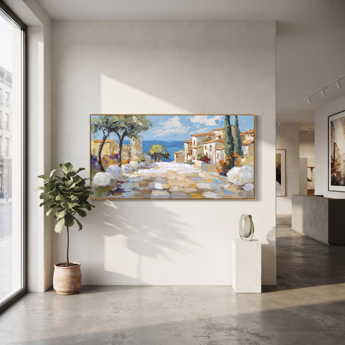 "Blue Harbor Town Painting" focuses on atmosphere, surface movement, and sculptural heavy impasto craftsmanship rather than a fixed literal storyline. The composition uses this hand-painted Mediterranean canvas features colorful waterfront houses, moored boats, shimmering blue harbor reflections, pastel sky, built with raised palette-knife texture, layered brushwork, and luminous coastal color as the visual anchor, while layered palette-knife paint, raised plaster-like texture, and softened