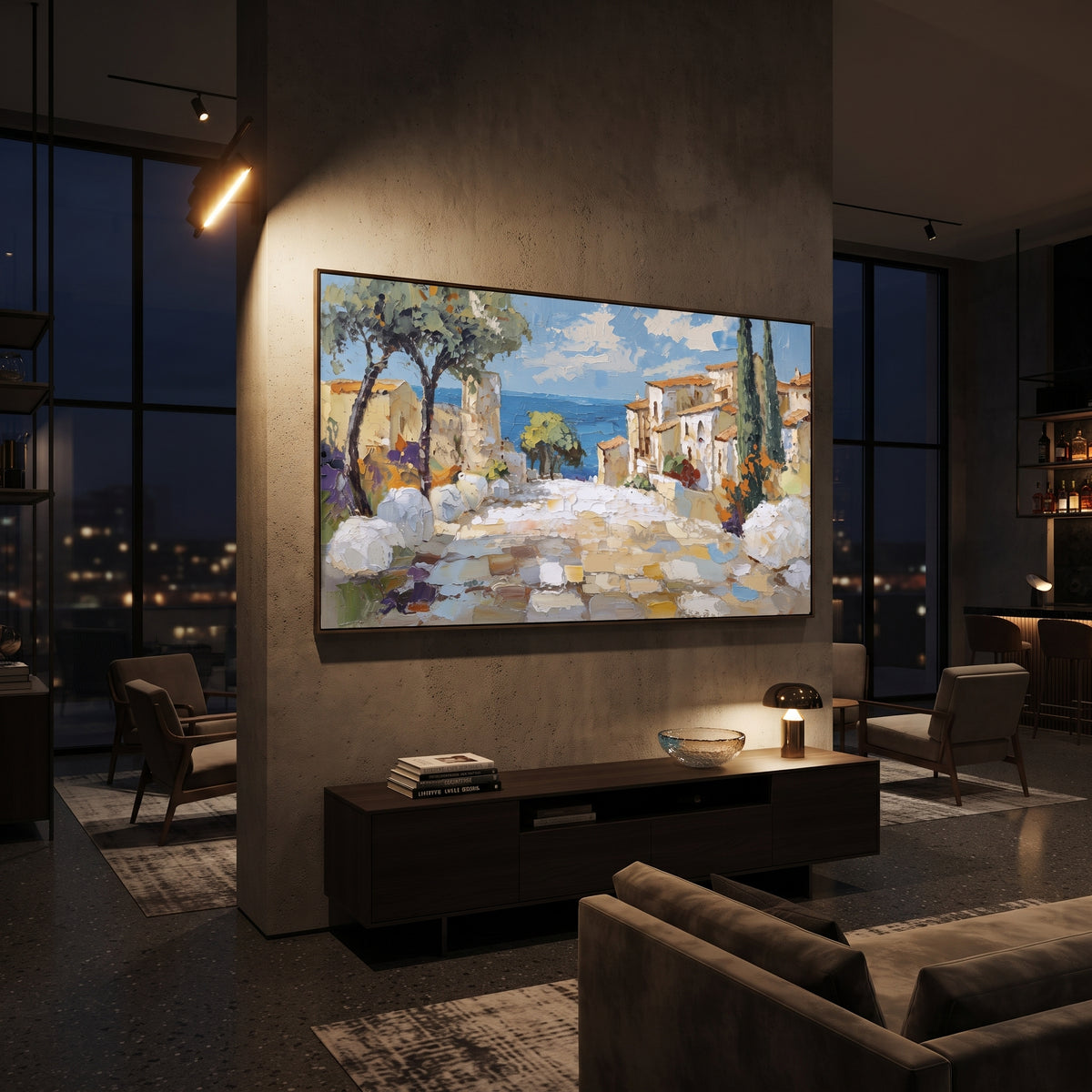 "Blue Harbor Town Painting" focuses on atmosphere, surface movement, and sculptural heavy impasto craftsmanship rather than a fixed literal storyline. The composition uses this hand-painted Mediterranean canvas features colorful waterfront houses, moored boats, shimmering blue harbor reflections, pastel sky, built with raised palette-knife texture, layered brushwork, and luminous coastal color as the visual anchor, while layered palette-knife paint, raised plaster-like texture, and softened