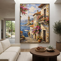 "Sunlit Bougainvillea Village Painting" focuses on atmosphere, surface movement, and sculptural heavy impasto craftsmanship rather than a fixed literal storyline. The composition uses this hand-painted Mediterranean canvas features whitewashed stone lane, cascading pink bougainvillea, blue sea opening, sunlit village walls, built with raised palette-knife texture, layered brushwork, and luminous coastal color as the visual anchor, while layered palette-knife paint, raised plaster-like texture