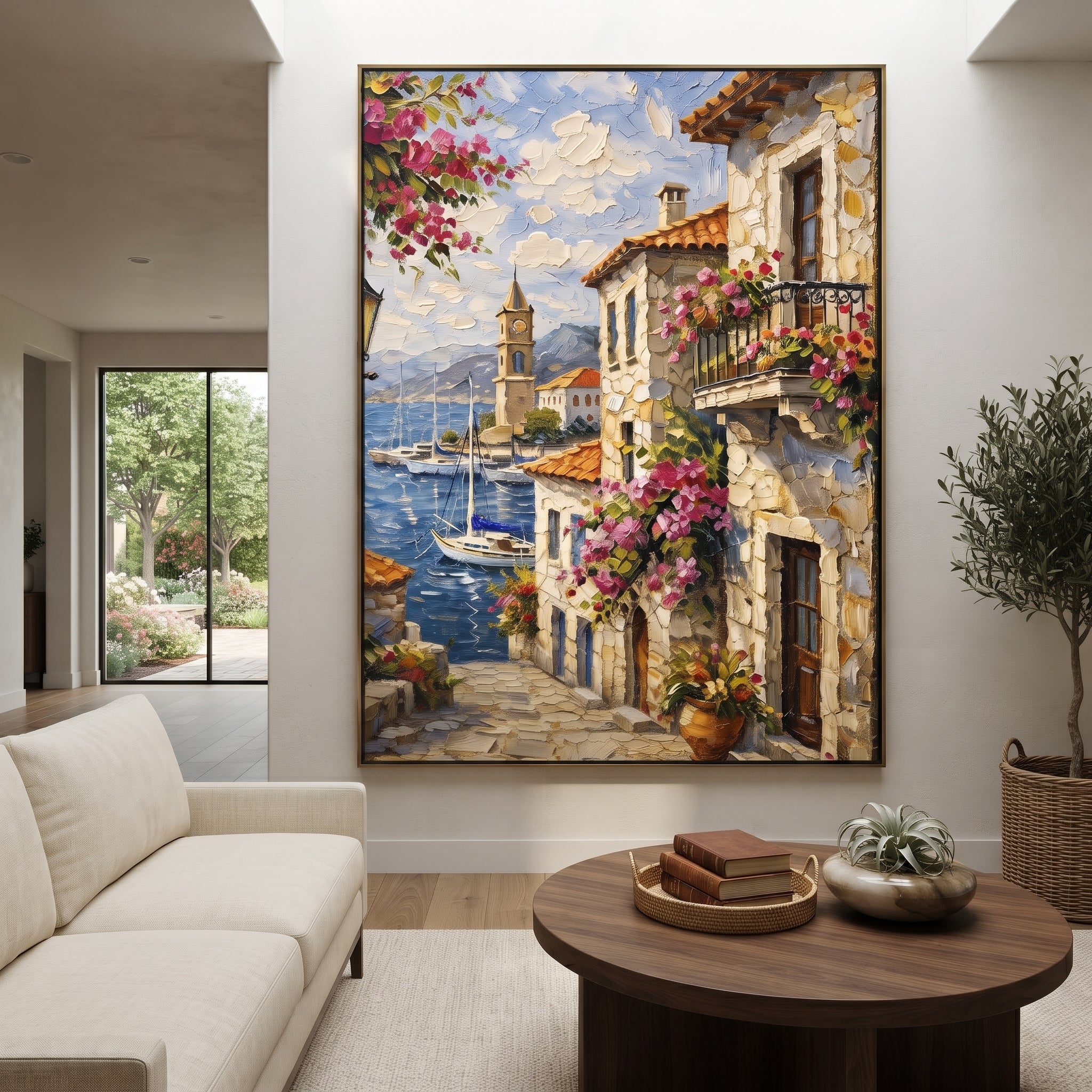 "Sunlit Bougainvillea Village Painting" focuses on atmosphere, surface movement, and sculptural heavy impasto craftsmanship rather than a fixed literal storyline. The composition uses this hand-painted Mediterranean canvas features whitewashed stone lane, cascading pink bougainvillea, blue sea opening, sunlit village walls, built with raised palette-knife texture, layered brushwork, and luminous coastal color as the visual anchor, while layered palette-knife paint, raised plaster-like texture