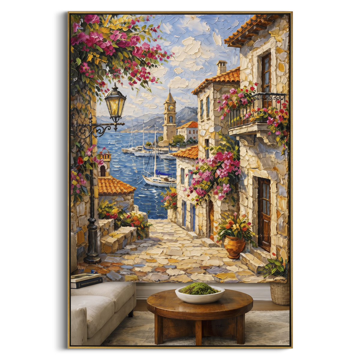 "Sunlit Bougainvillea Village Painting" - Modern Heavy Impasto Coastal Landscape | White & Blue Palette Knife Painting | Luxury Vertical Wall Art #PT 1601