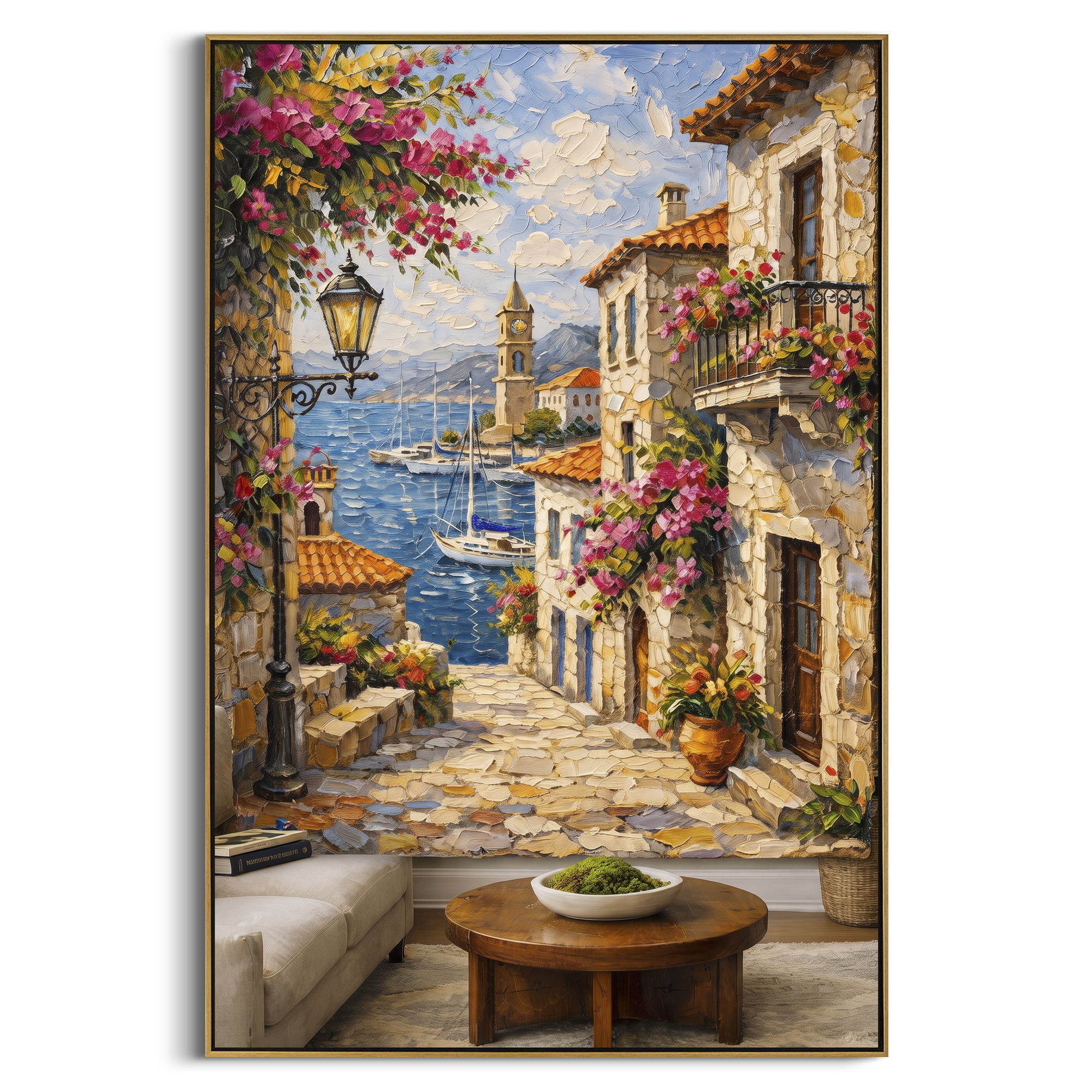 "Sunlit Bougainvillea Village Painting" focuses on atmosphere, surface movement, and sculptural heavy impasto craftsmanship rather than a fixed literal storyline. The composition uses this hand-painted Mediterranean canvas features whitewashed stone lane, cascading pink bougainvillea, blue sea opening, sunlit village walls, built with raised palette-knife texture, layered brushwork, and luminous coastal color as the visual anchor, while layered palette-knife paint, raised plaster-like texture