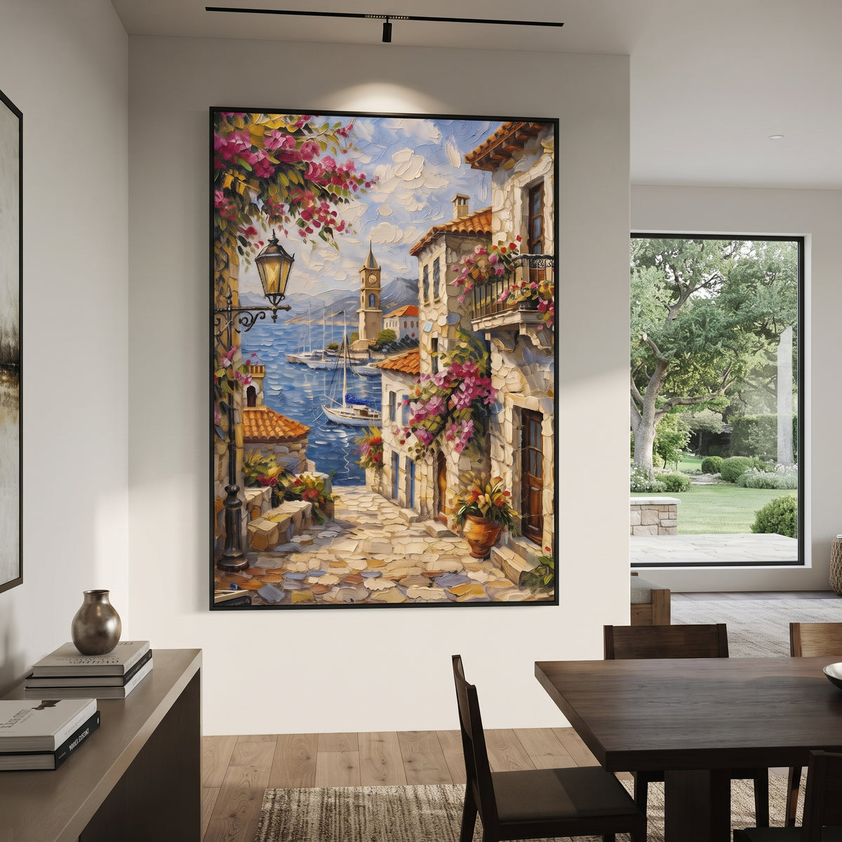 "Sunlit Bougainvillea Village Painting" focuses on atmosphere, surface movement, and sculptural heavy impasto craftsmanship rather than a fixed literal storyline. The composition uses this hand-painted Mediterranean canvas features whitewashed stone lane, cascading pink bougainvillea, blue sea opening, sunlit village walls, built with raised palette-knife texture, layered brushwork, and luminous coastal color as the visual anchor, while layered palette-knife paint, raised plaster-like texture