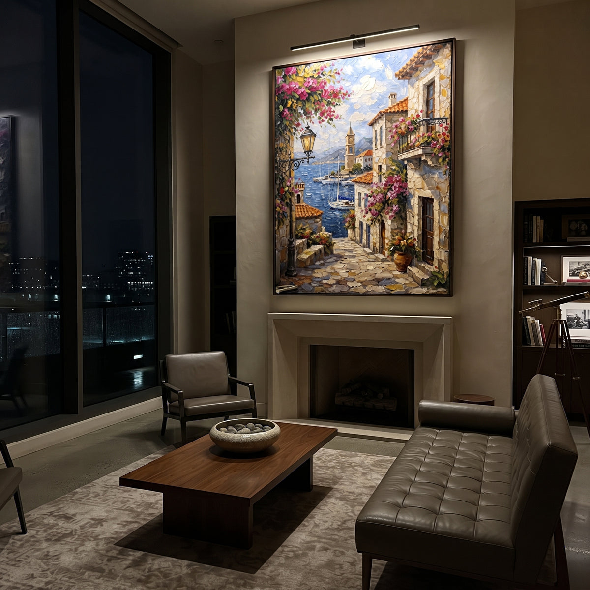 "Sunlit Bougainvillea Village Painting" focuses on atmosphere, surface movement, and sculptural heavy impasto craftsmanship rather than a fixed literal storyline. The composition uses this hand-painted Mediterranean canvas features whitewashed stone lane, cascading pink bougainvillea, blue sea opening, sunlit village walls, built with raised palette-knife texture, layered brushwork, and luminous coastal color as the visual anchor, while layered palette-knife paint, raised plaster-like texture